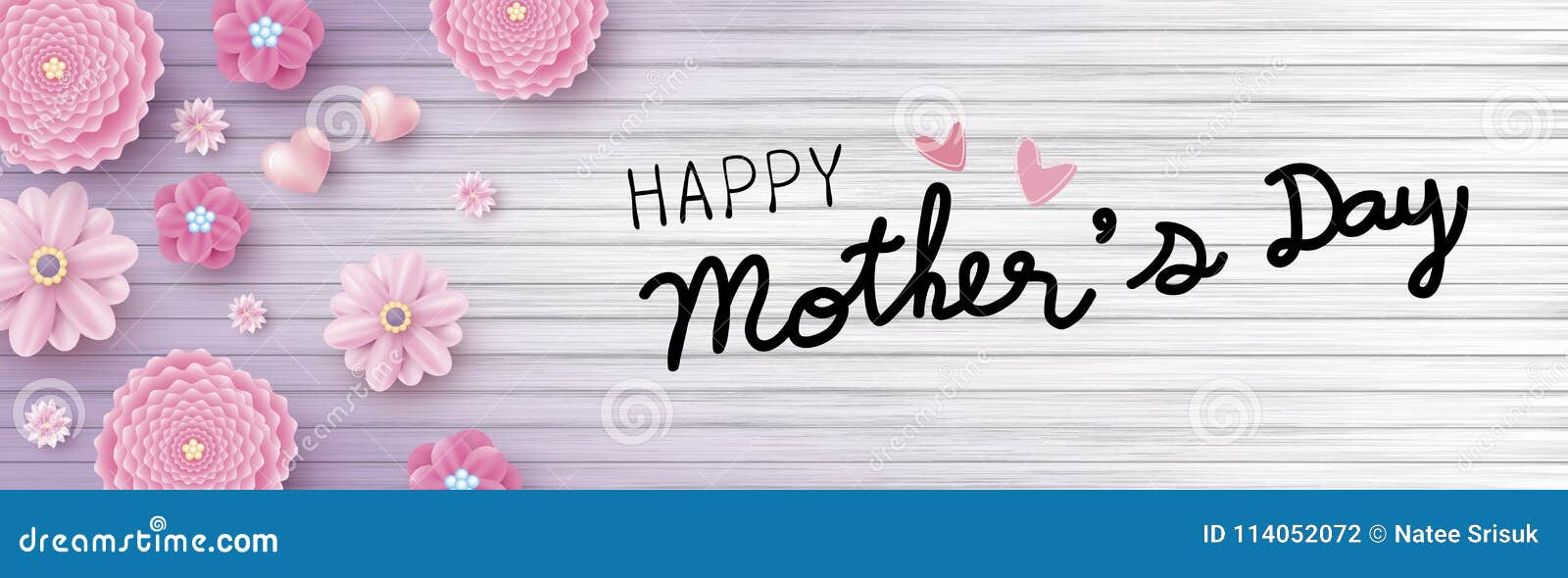 happy mothers day message and pink flowers with hearts on wood