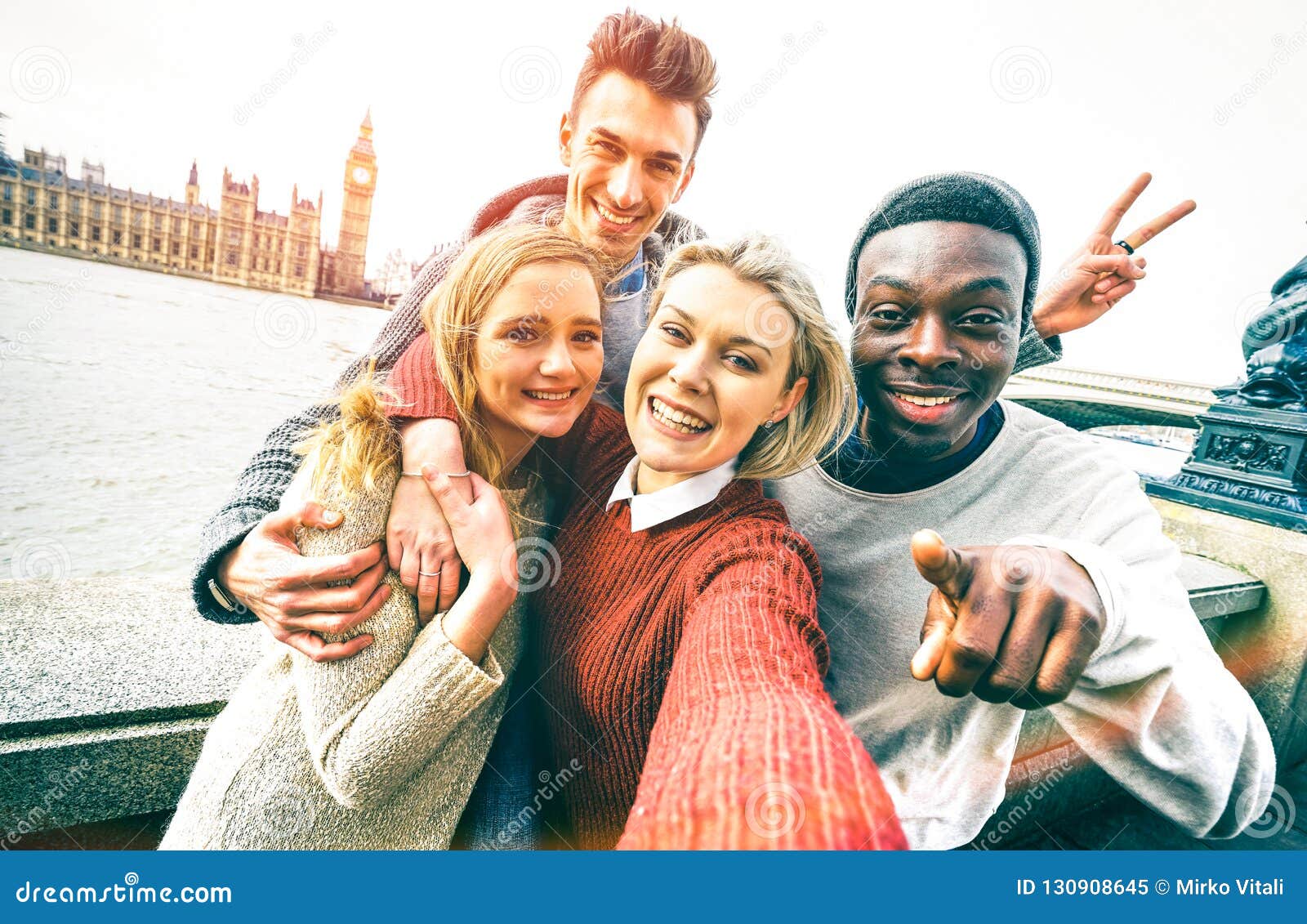 Happy Multiracial Friends Group Taking Selfie In London City Stock Image Image Of City 
