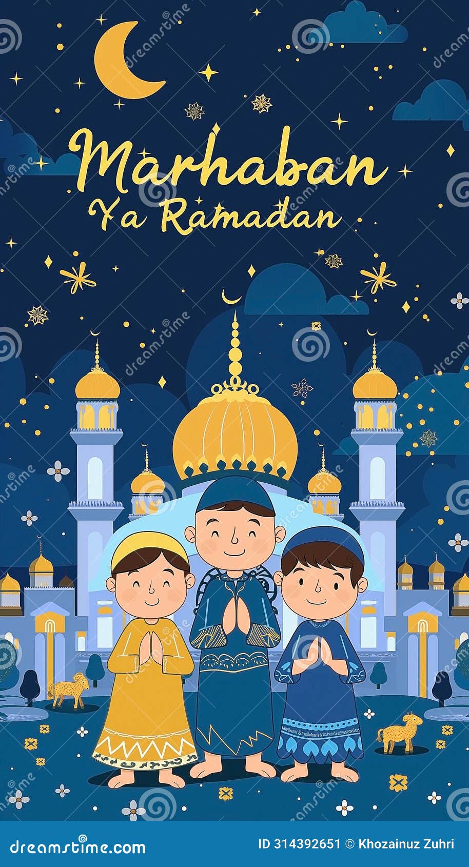 happy muslim family in front of mosque with ramadan kareem and text marhaban ya ramadan on the top
