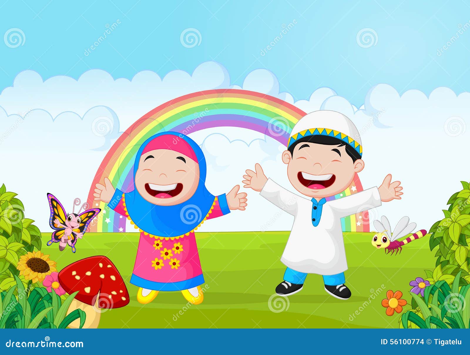 Happy Muslim Kid Cartoon Waving Hand With Rainbow Stock Vector Illustration Of Girl Gesturing