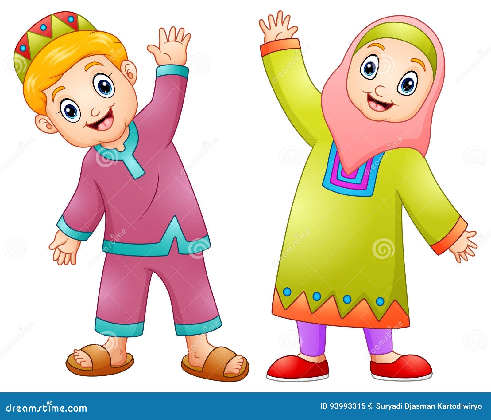 Happy Muslim Kids Cartoon For Celebrate Eid Mubarak Stock Vector
