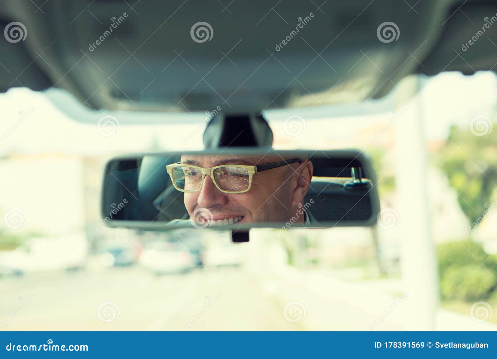 Happy With My Car Choice Portrait Young Man Driver Reflection In Car Rear View Mirror Stock Image Image Of Back Accident