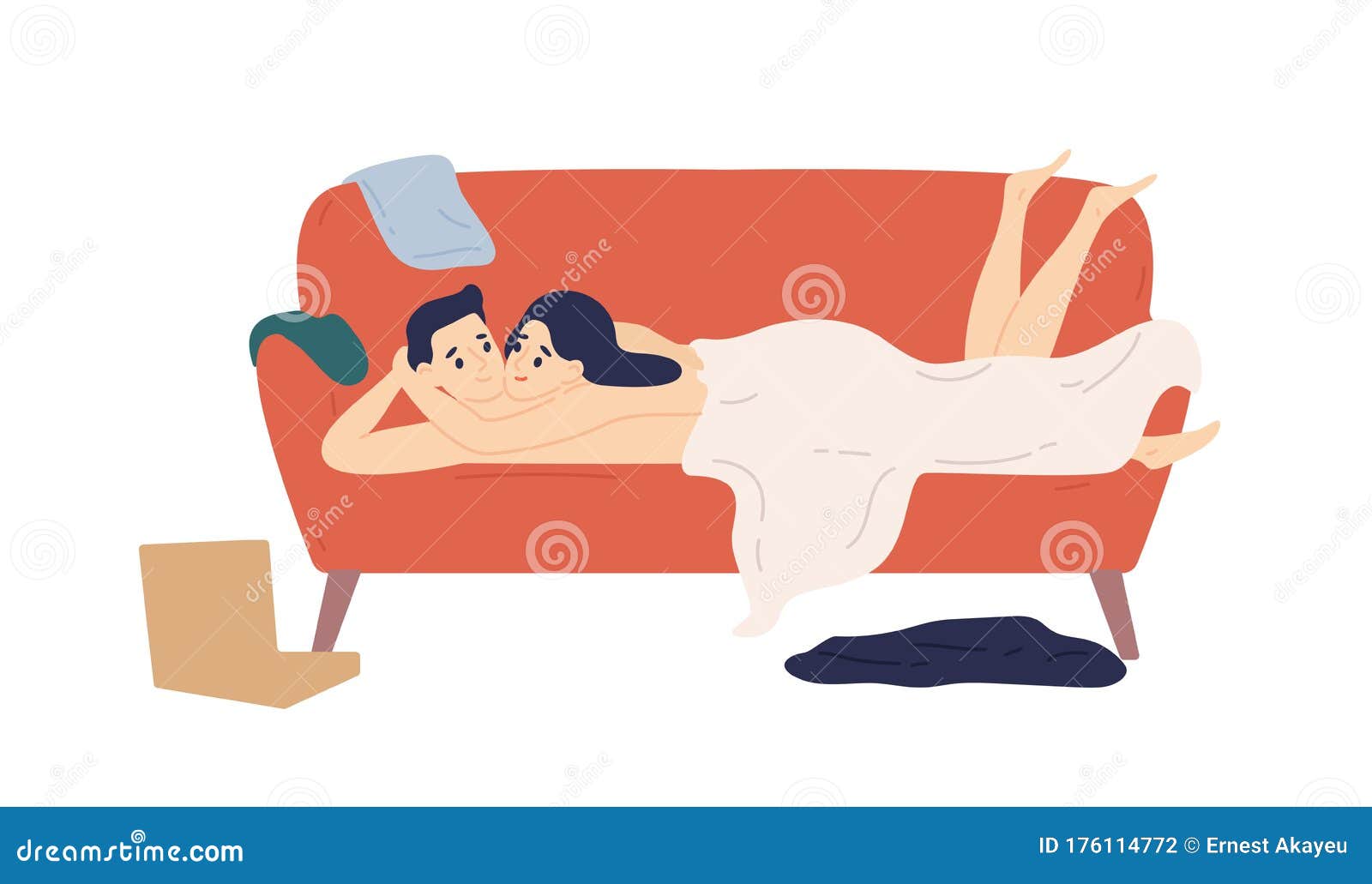 Happy Naked Couple Lying on Couch after Sex Vector Flat Illustration
