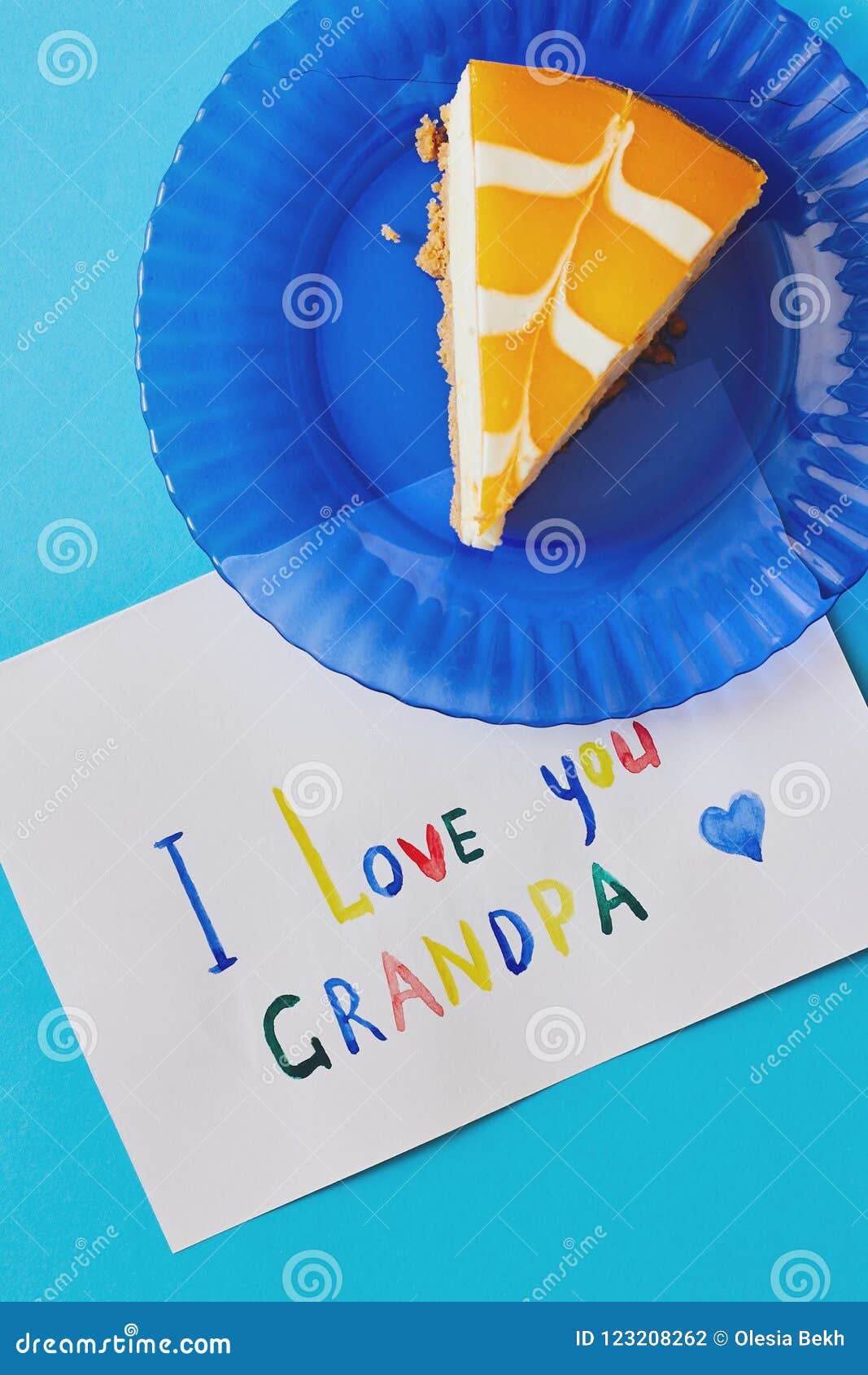 Download Happy National Grandparents Day Colored Greeting Card Made By Children And Piece Of Cake On Blue Plate As Gift Stock Photo Image Of Anniversary Flat 123208262