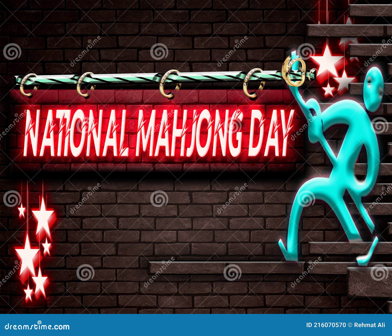 Holiday National Mahjong Day, Neon Text Effect on Bricks Background