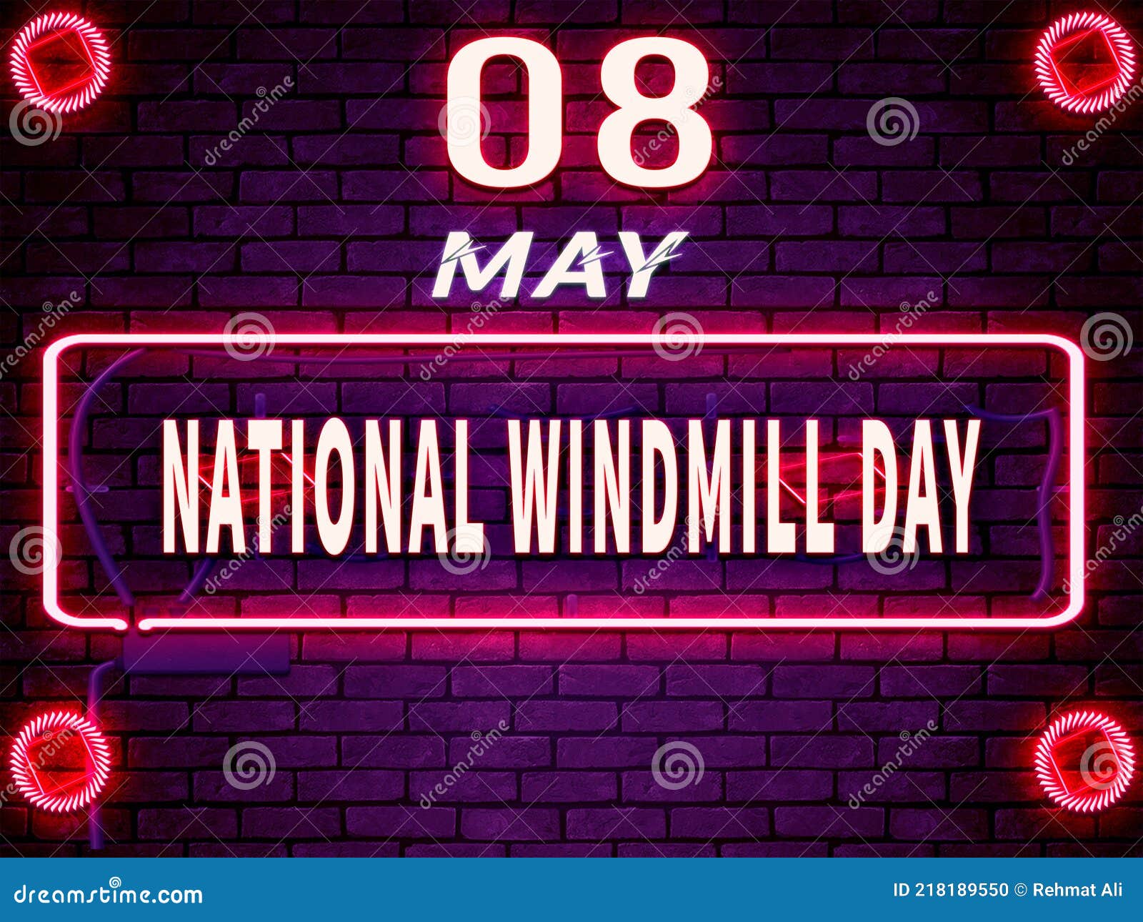 08 May, National Windmill Day. Neon Text Effect on Bricks Background