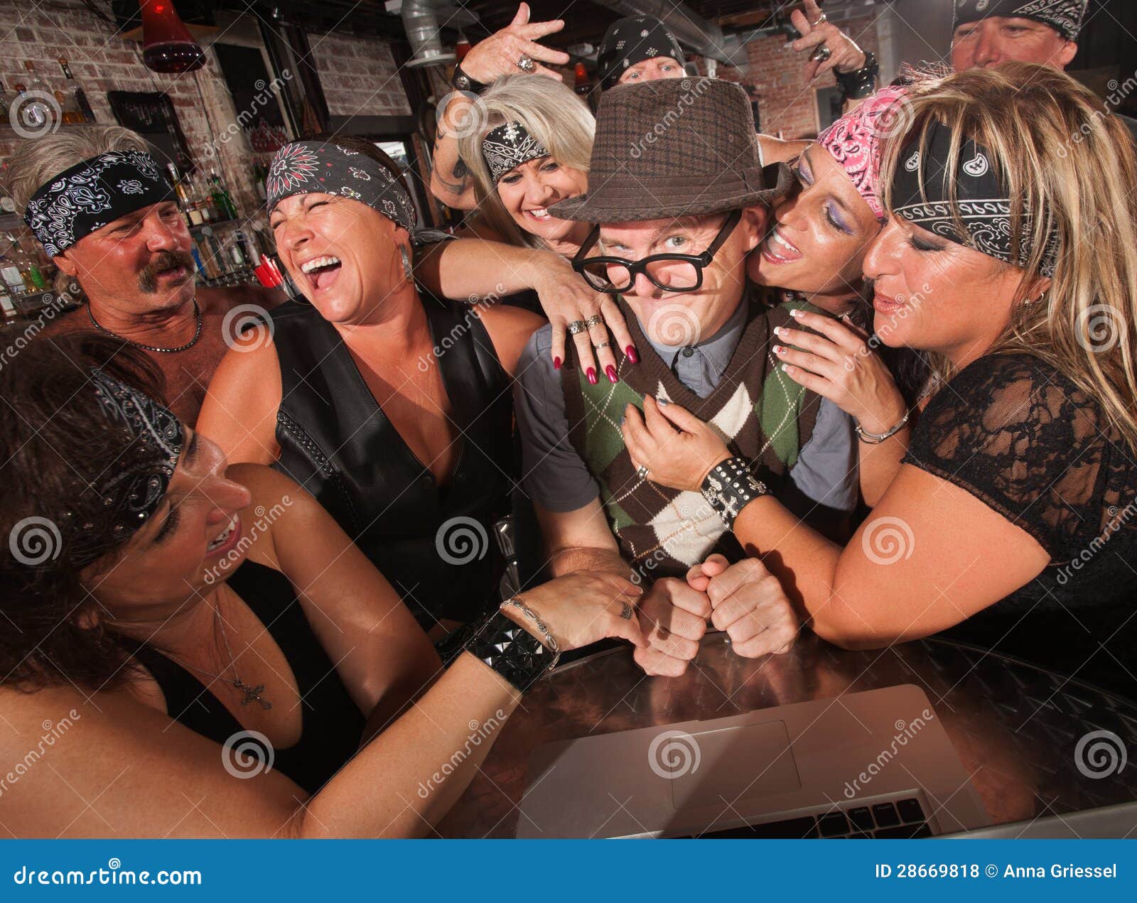 happy nerd with biker gang ladies