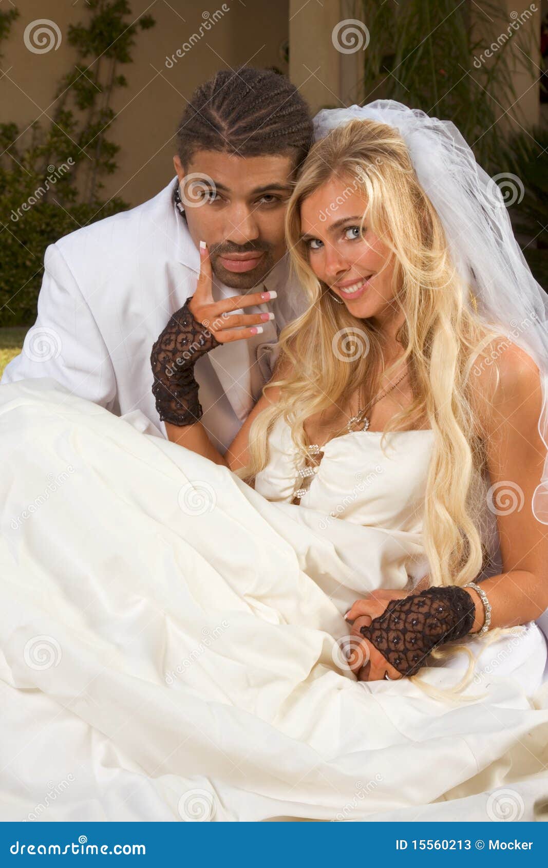 Happy New Wed Interracial Couple In Wedding Mood Stock