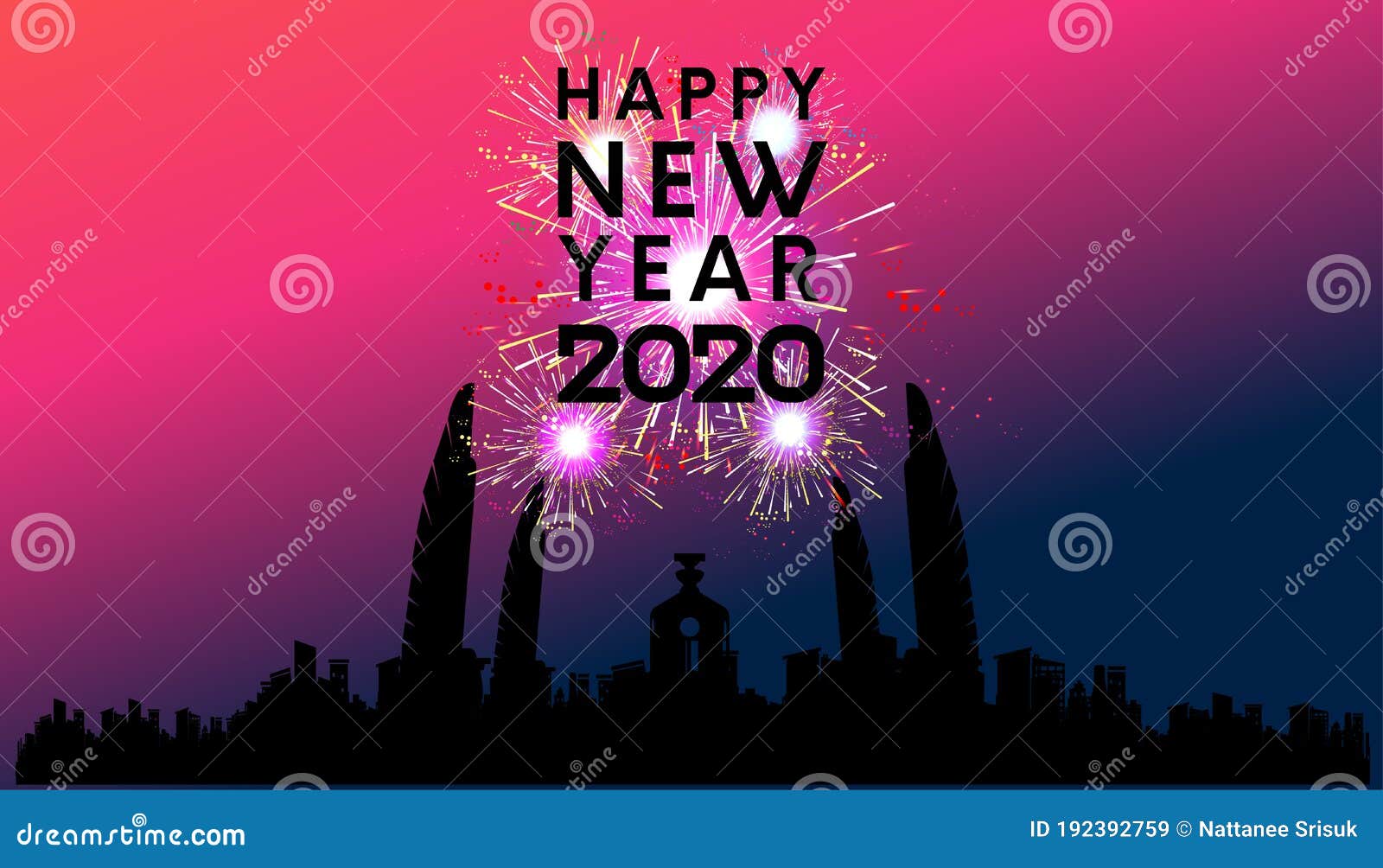 Happy New Year 2020 Text Black - Fireworks Golden - Building in ...