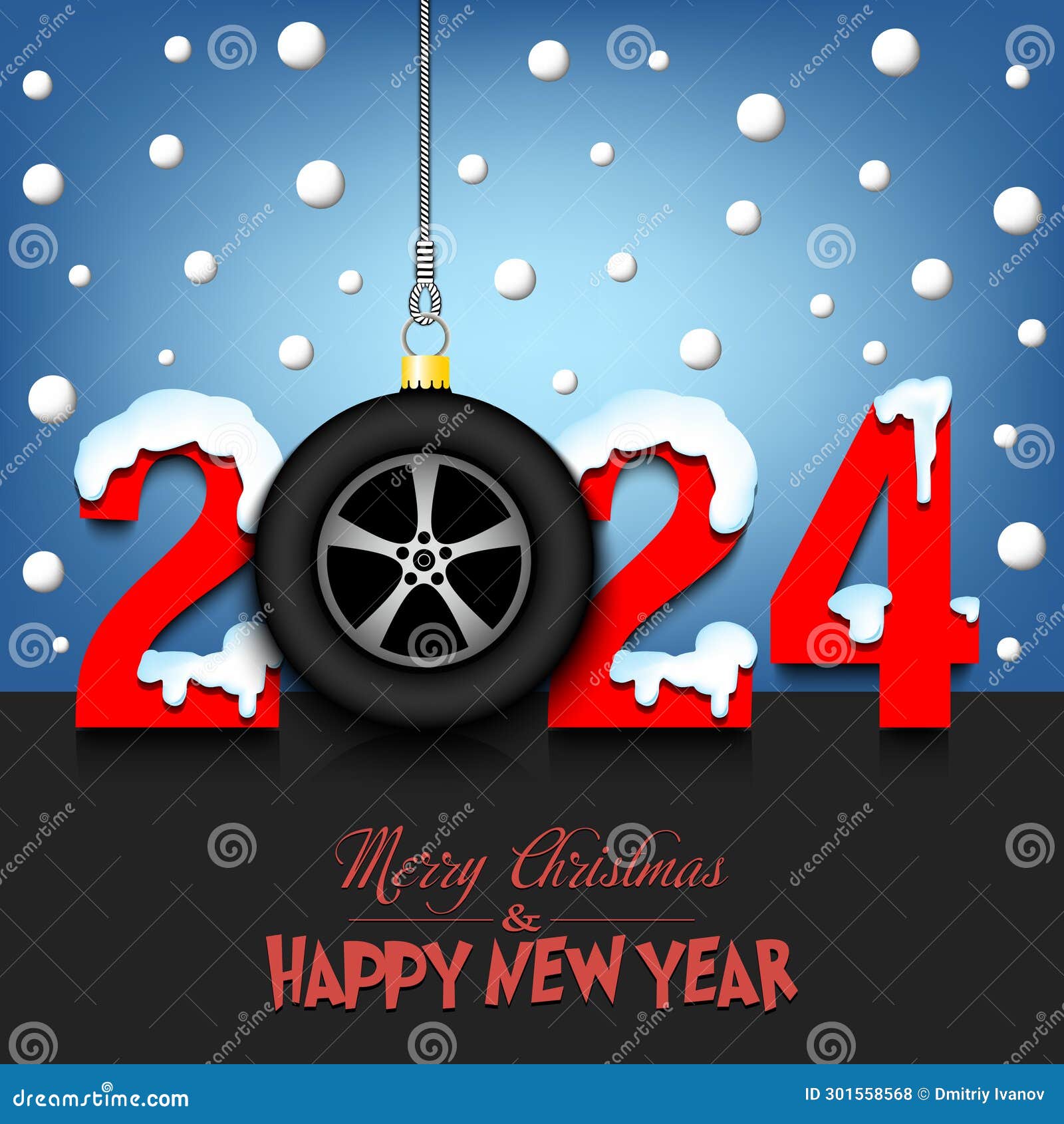 Happy New Year 2024 and Wheel Car Stock Illustration Illustration of