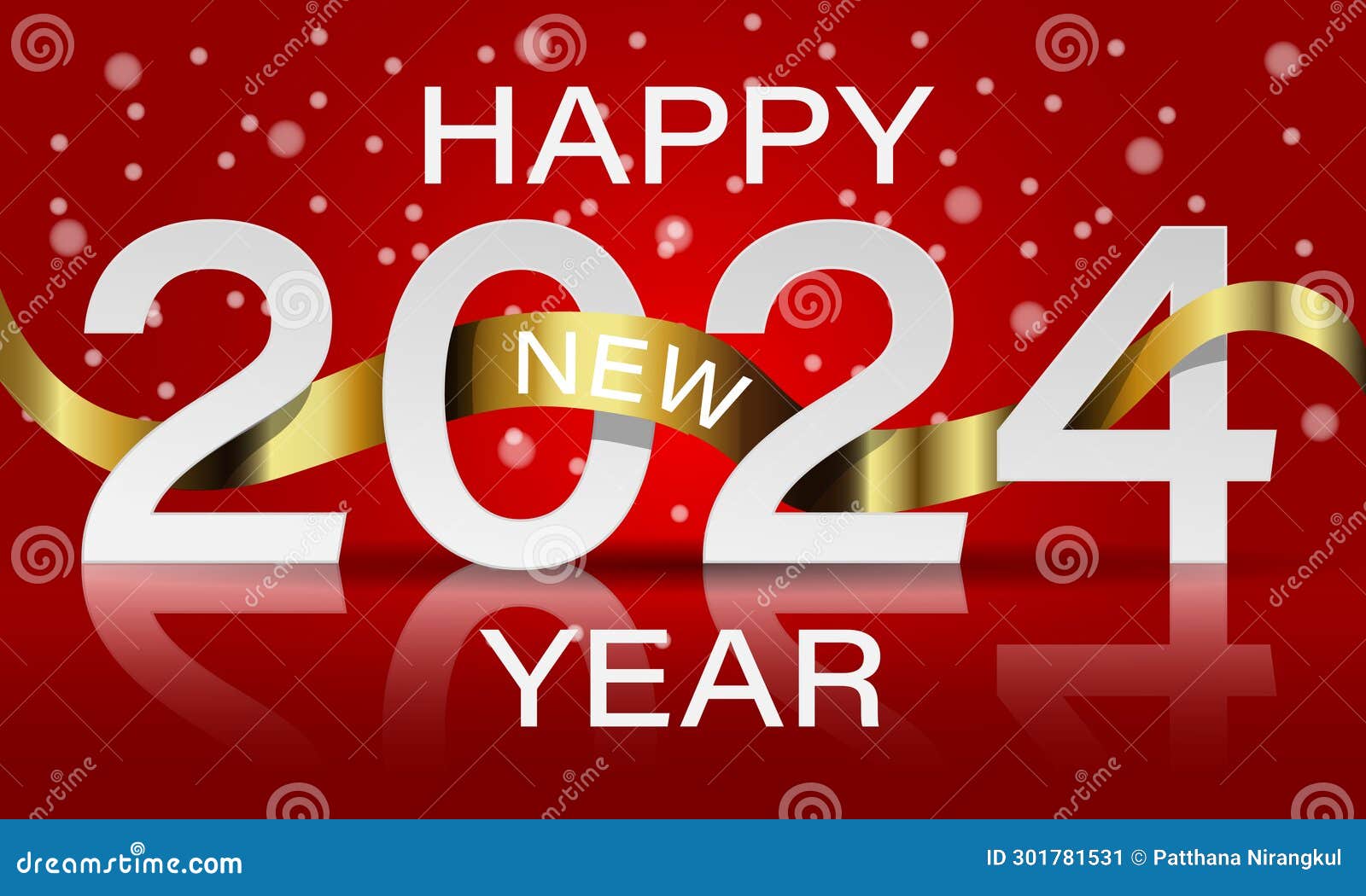 Happy New Year 2024 White Paper Number Golden Ribbon Curve on Red