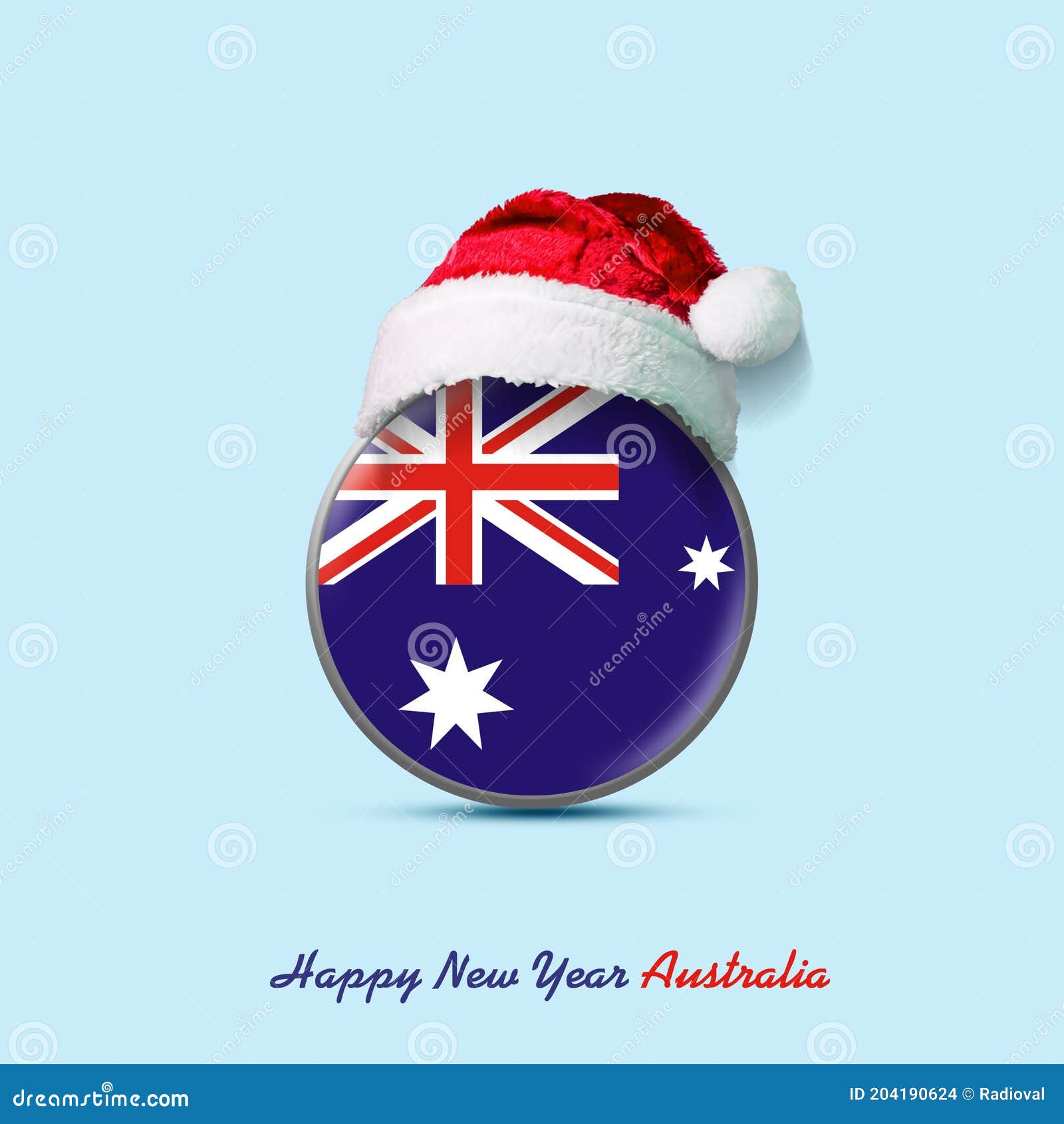 Happy New Year, Australia. Australia Flag in Round Badge and Santa Hat.  Isolated on a Light Blue Background Stock Illustration - Illustration of  national, celebration: 204190624
