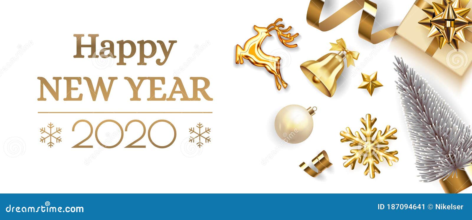 Happy New Year 2020 Banner. Merry Xmas Design with Gold Gift Box ...