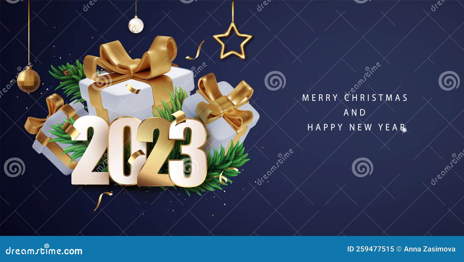 2023 happy new year banner with realistic gift box composicion. holiday greeting card . festive premium concept
