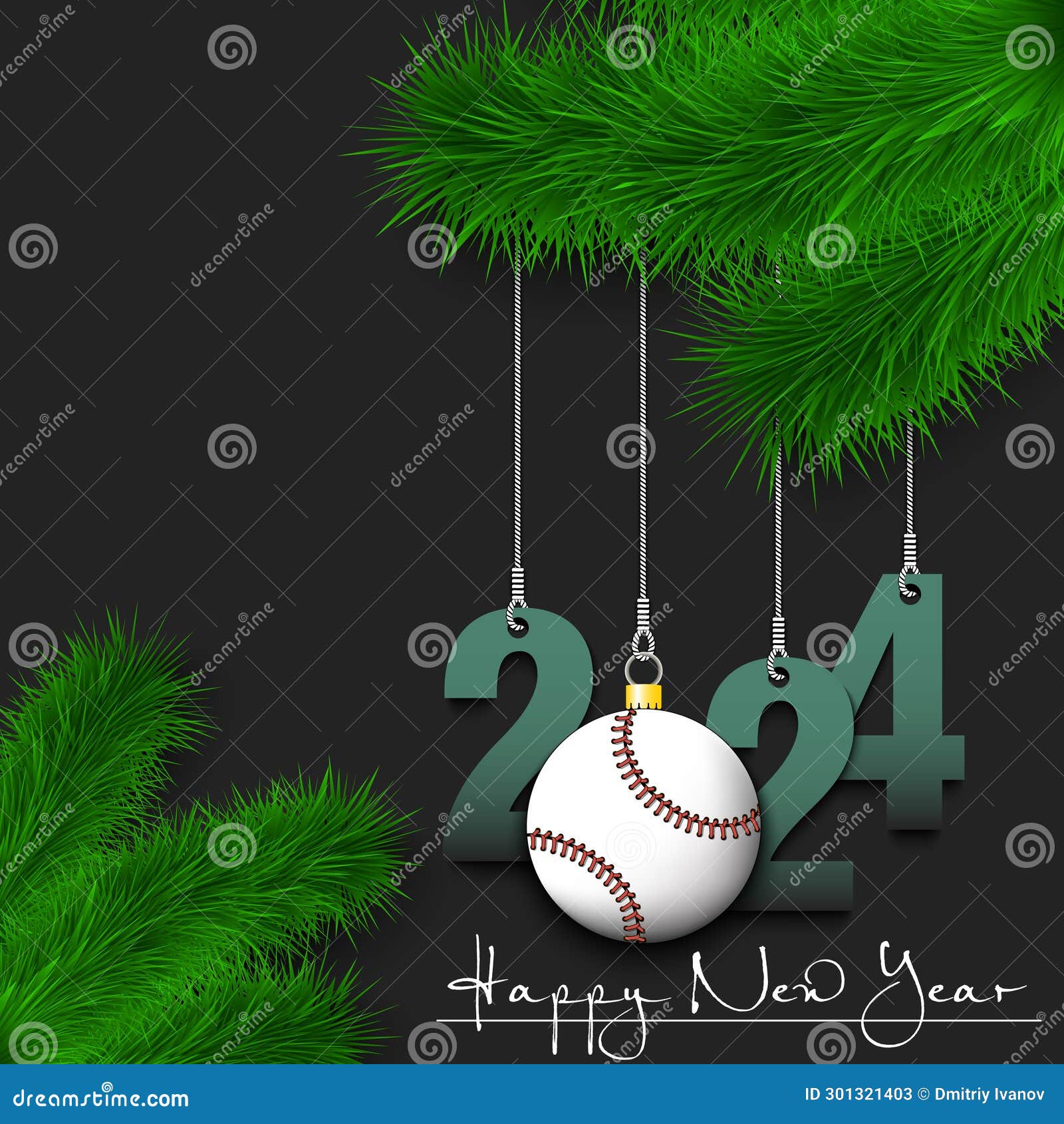 Happy New Year 2024 and Baseball Ball Stock Vector Illustration of