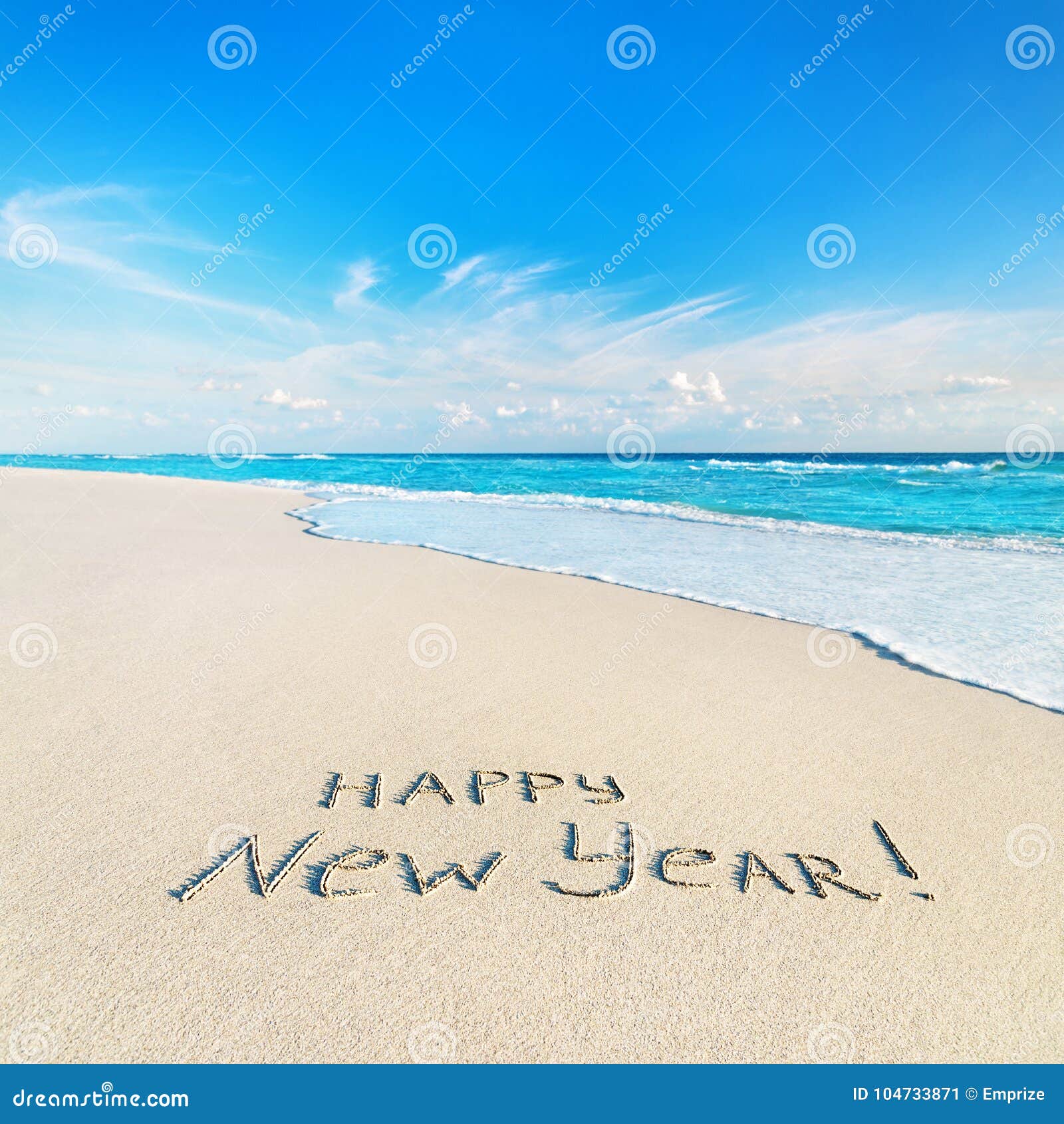 happy new year caption at tropical ocean beach against waves