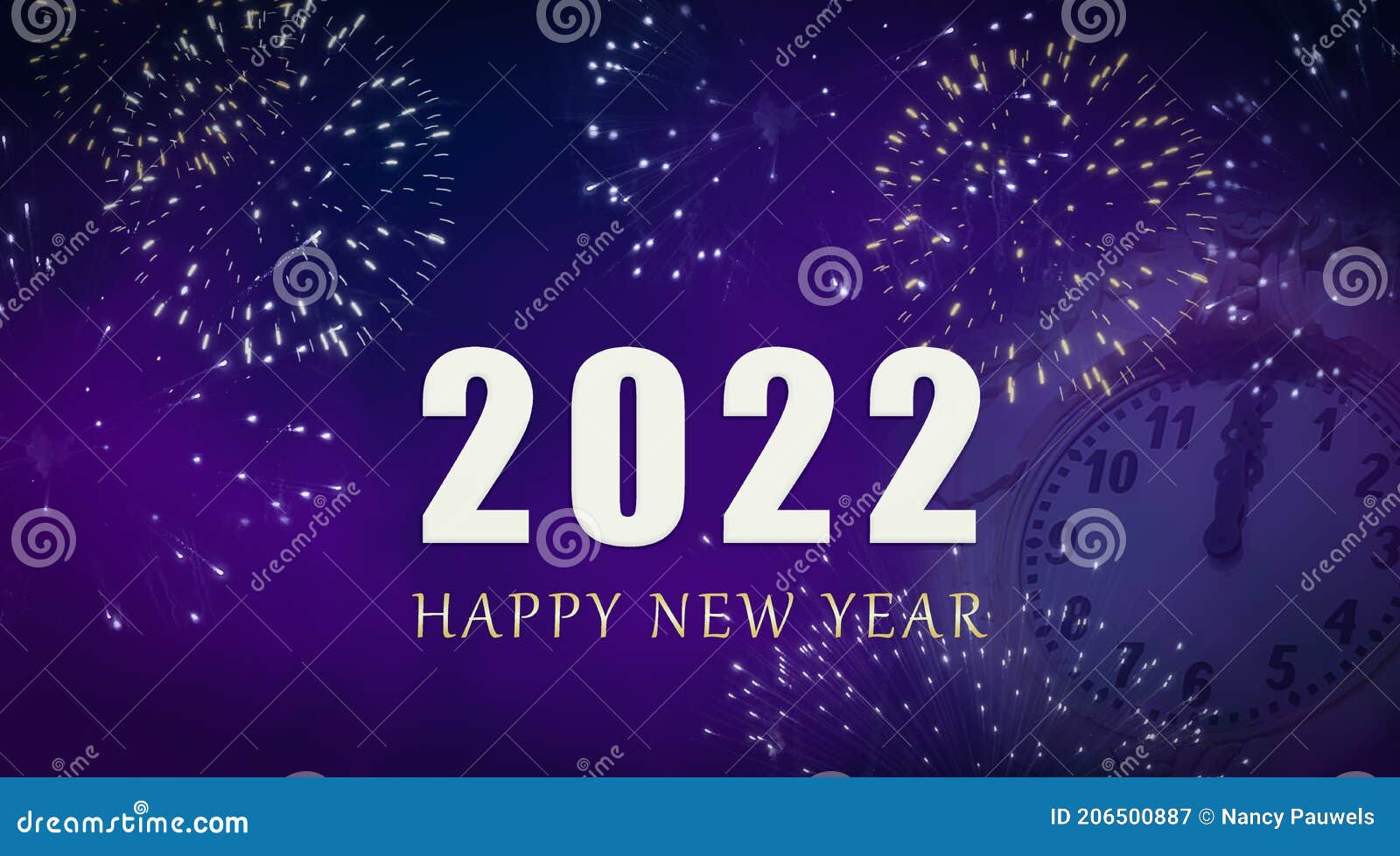 2022 Happy New Year Card With Clock And Fireworks. Stock Illustration