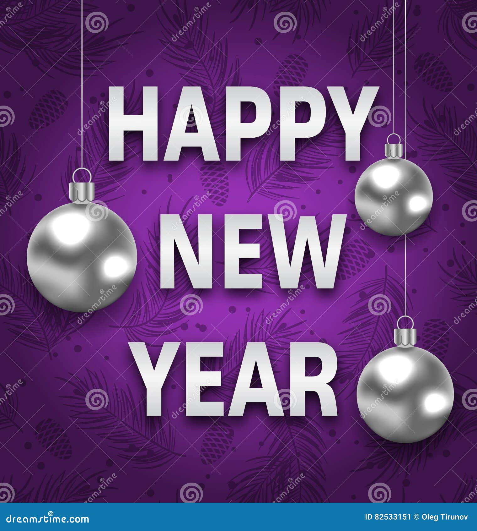 Happy New Year Card with Silver Balls on Purple Background Stock Vector
