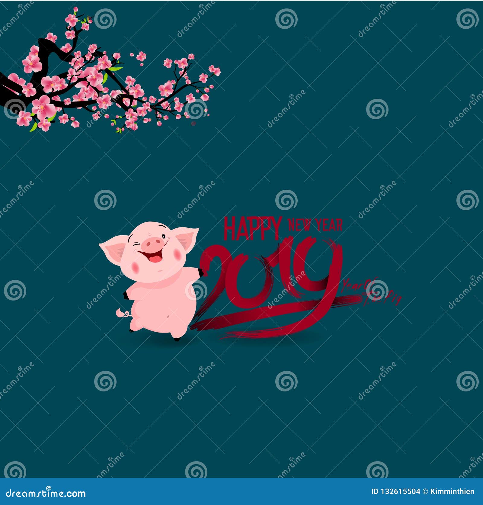 happy new year 2019. chienese new year, year of the pig. cherry blossom background