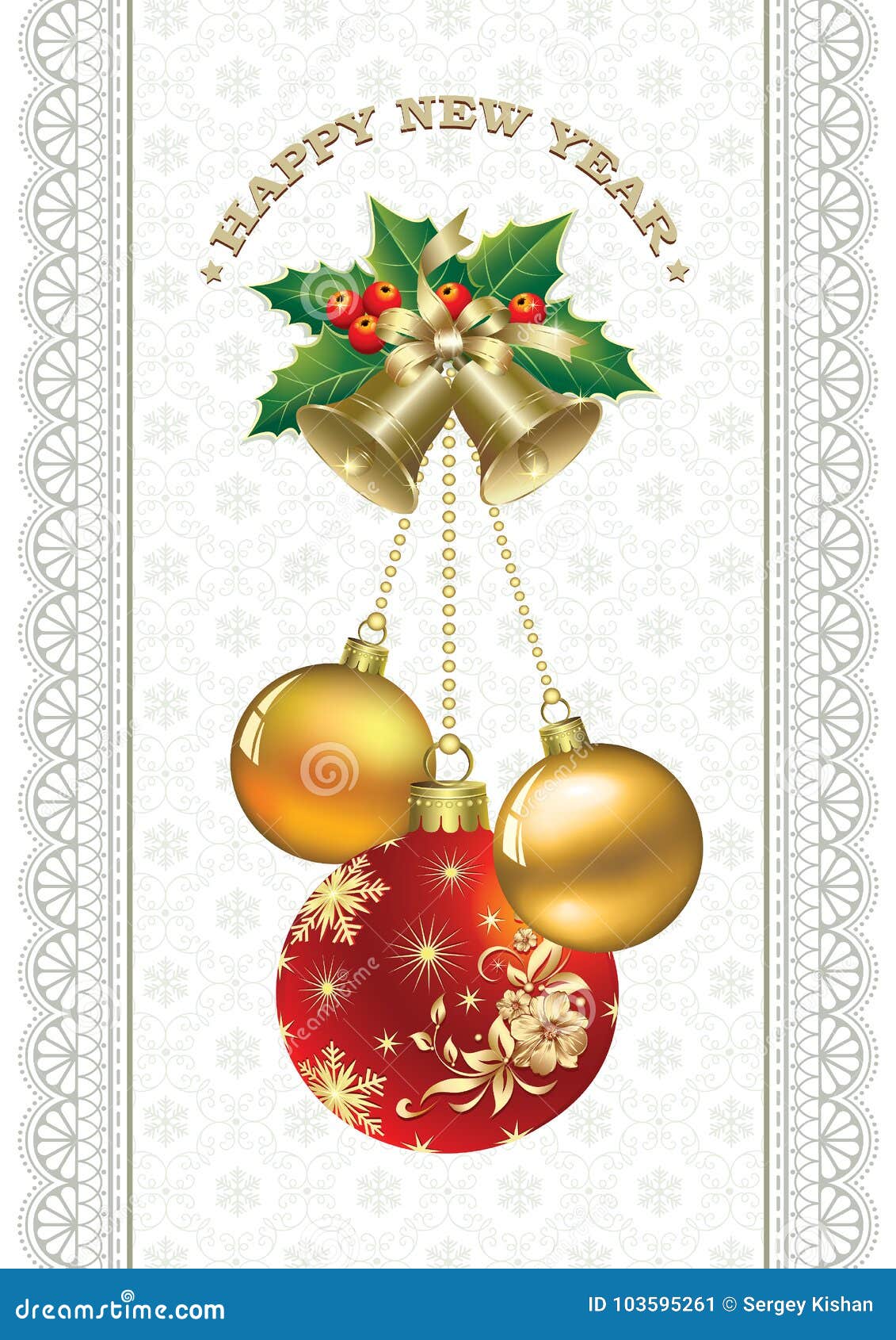 Happy New Year. Christmas Decorations with Balls and Bells Stock Vector