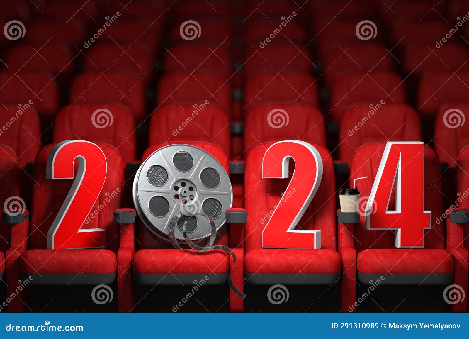 Happy New 2024 Year in Cinema Red Seats. 2024 Cinema and Movie Season