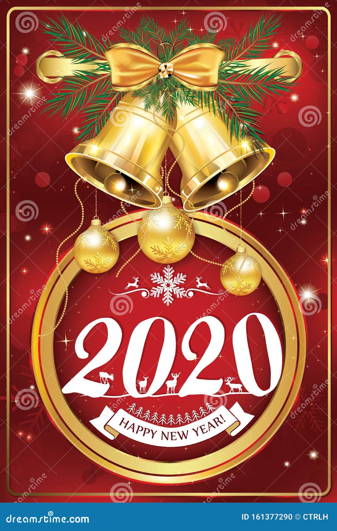 Happy New Year 2020 - Classic Greeting Card With Jingle Bells And Christmas Ribbon On A Red ...