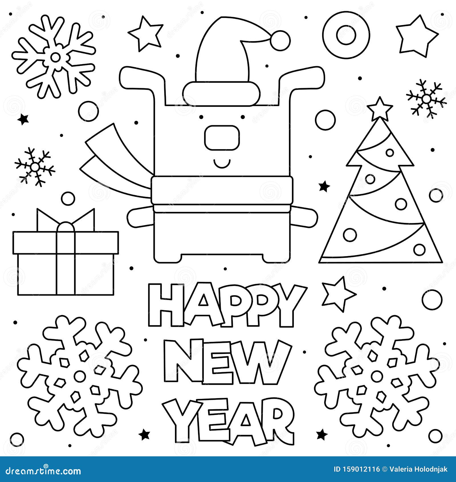 Happy New Year. Coloring Page. Black and White Vector Illustration