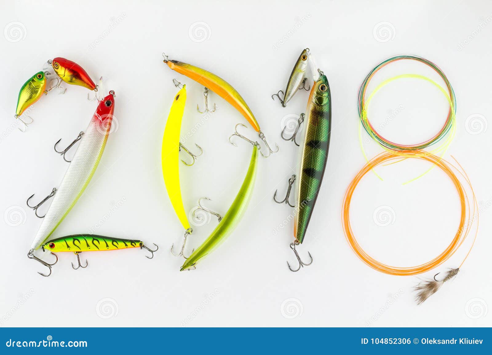 Happy New Year 2018 Compositions with Fishing Lures and Fishing