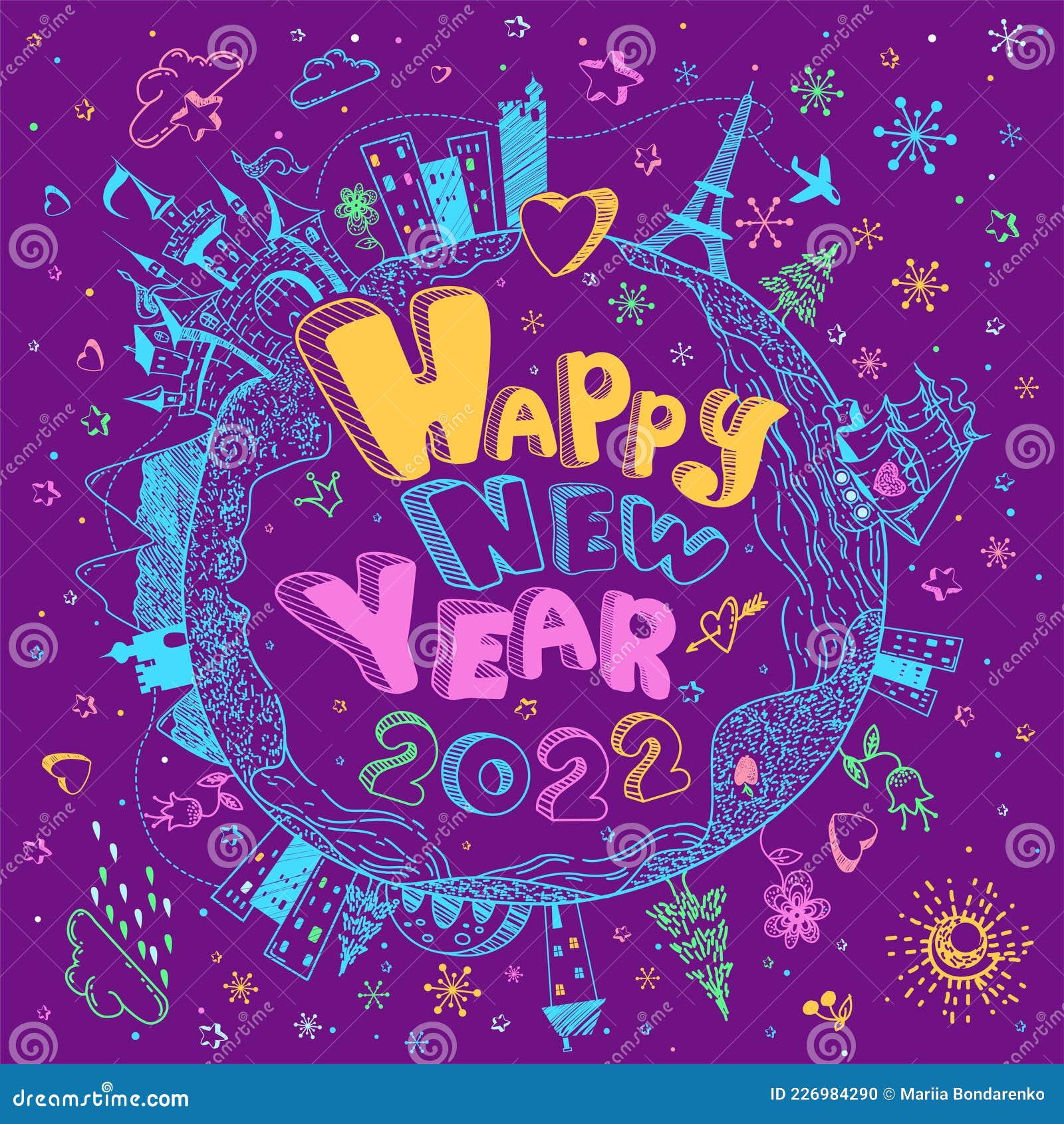 Happy New Year 2022. Cute Childish Cartoon Illustration Stock Vector - Illustration Of Colorful, Earth: 226984290