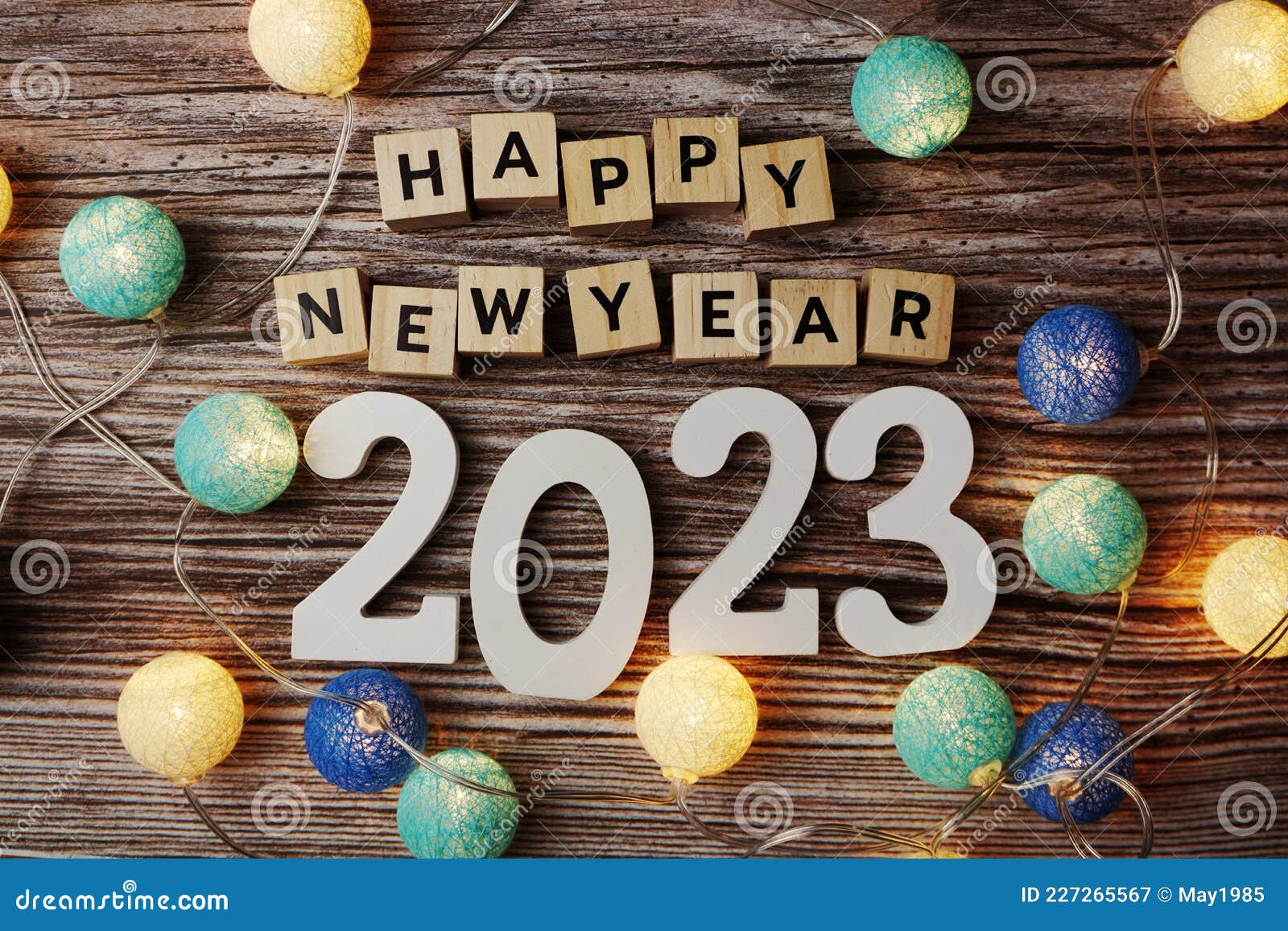 Happy New Year 2023 Decorate with LED Cotton Ball on Wooden Background  Stock Image - Image of july, event: 227265567