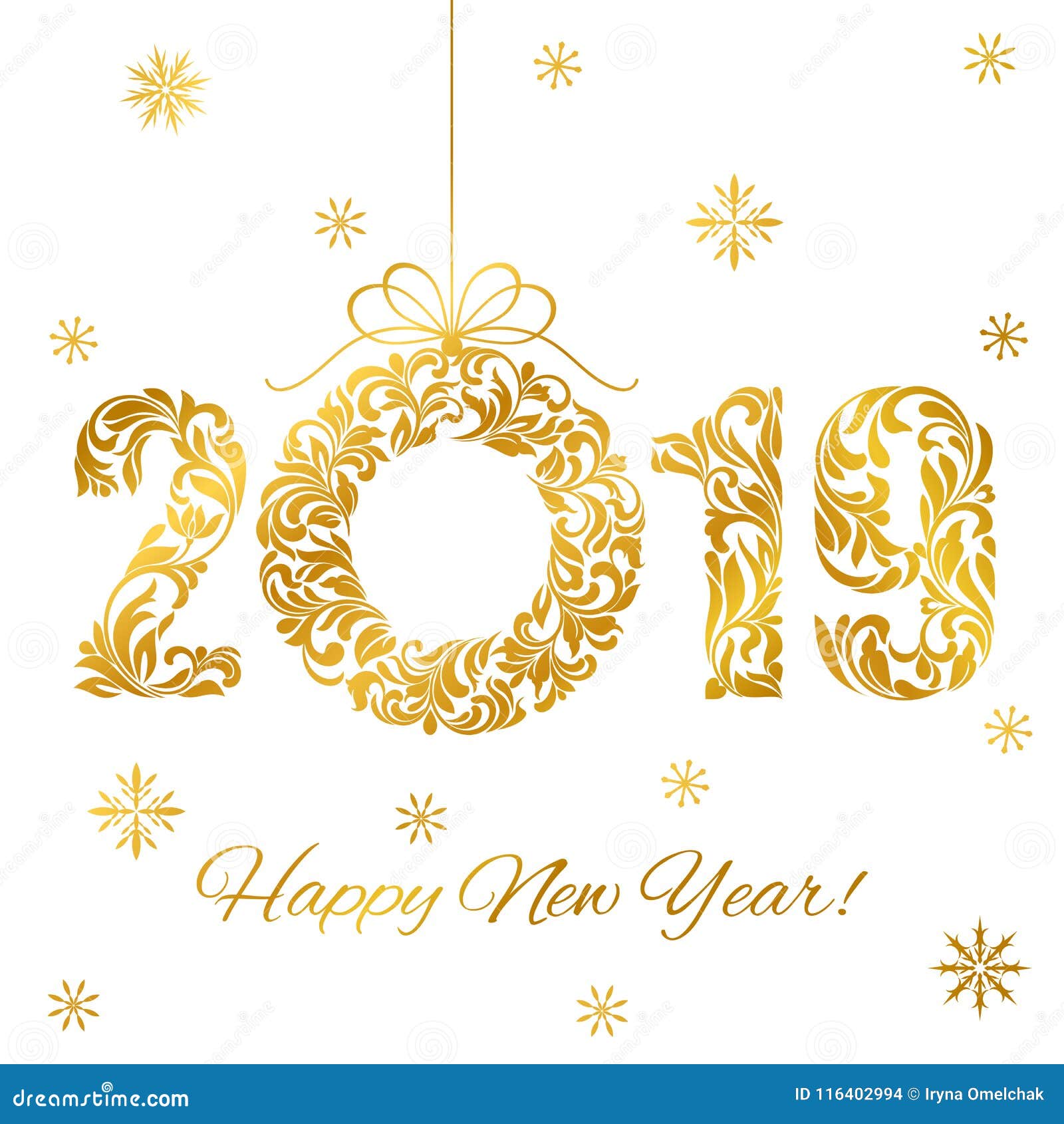 Happy New Year 2019. Decorative Font made of swirls and floral elements. Golden Numbers and Christmas wreath isolated on a white background.