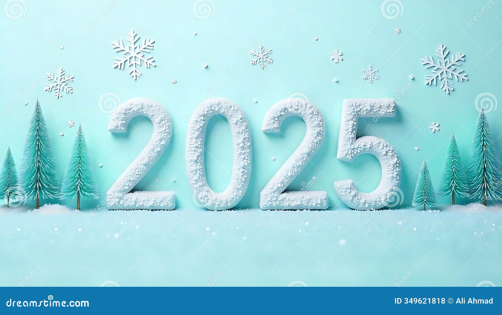 happy new year 2025  with snowflakes and pine trees, soft pastel blue background.