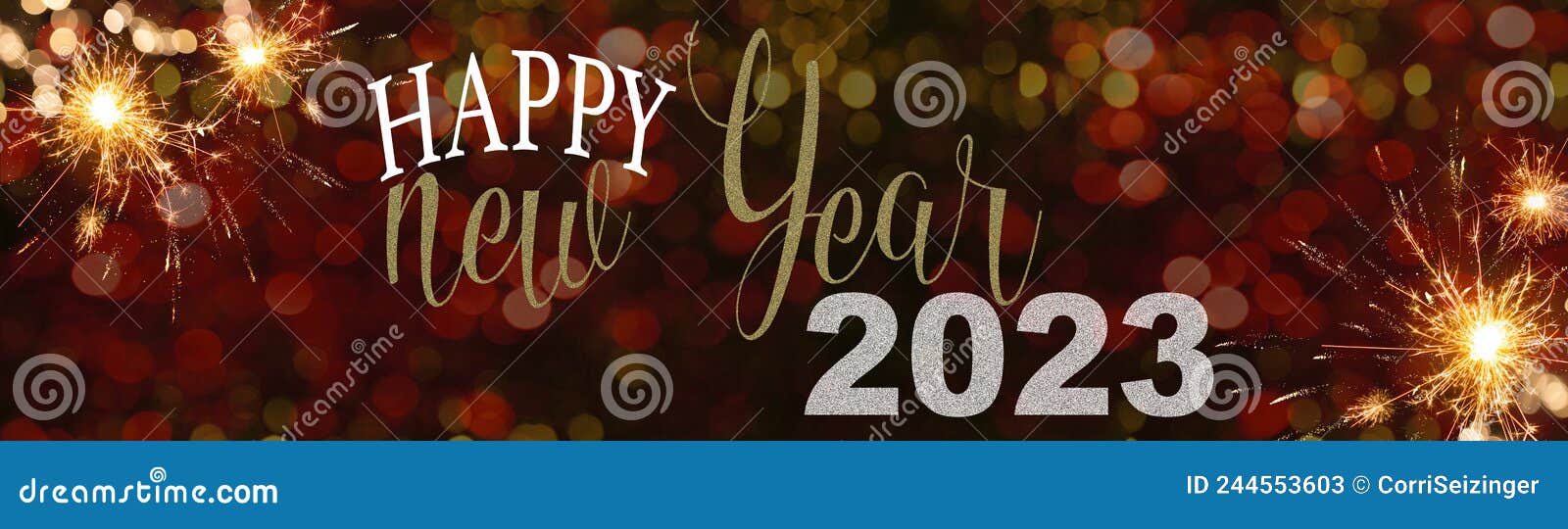 HAPPY NEW YEAR 2023 - Festive silvester background panorama greeting card banner long - Golden firework and red bokeh light in