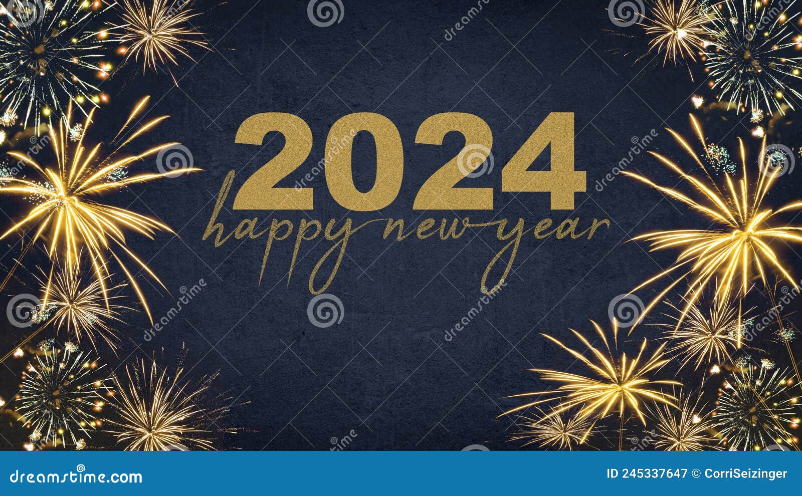 happy new year 2024 - festive silvester new year`s eve party background greeting card - golden fireworks in the dark blue night