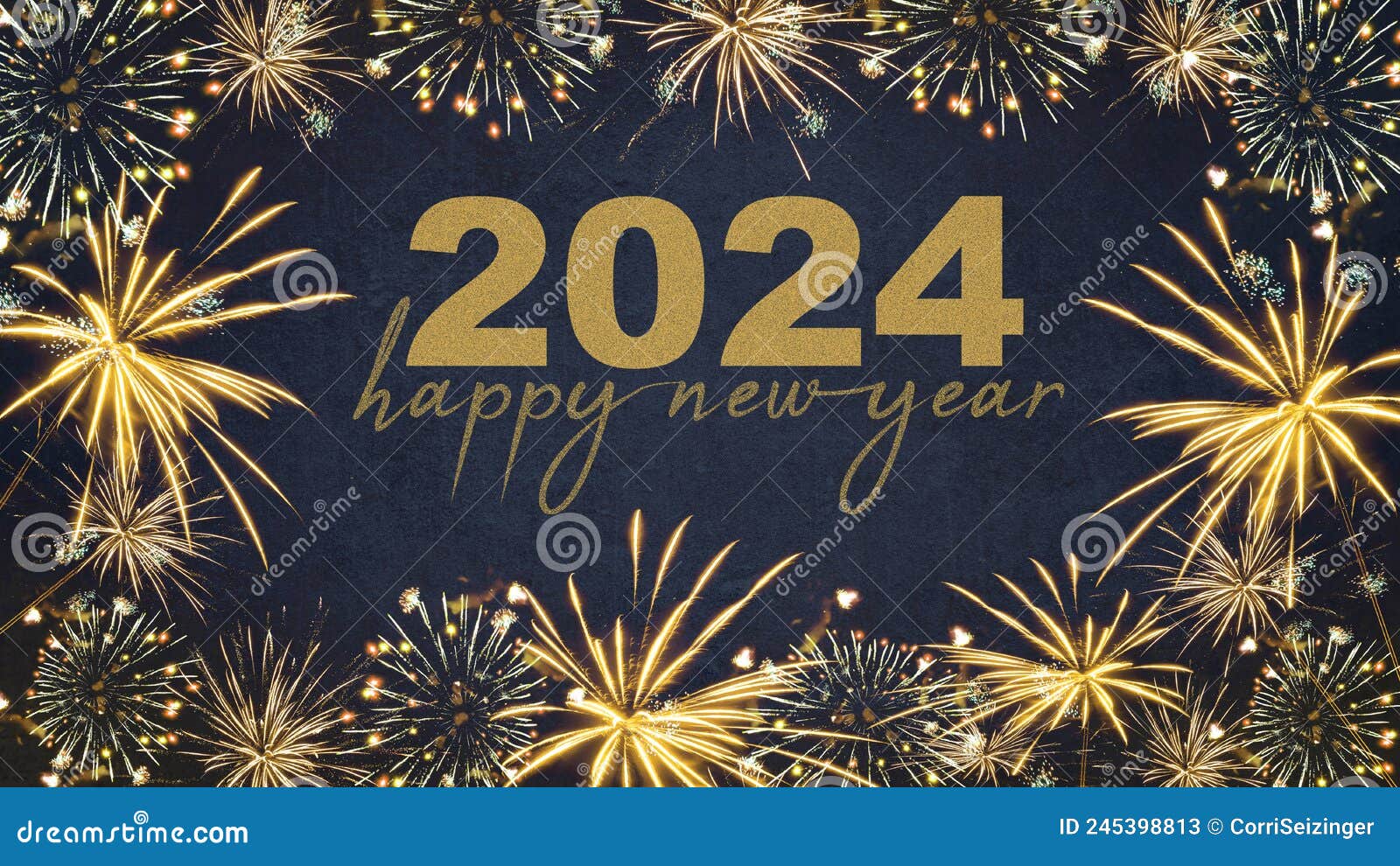 happy new year 2024 - festive silvester new year`s eve party background greeting card - golden fireworks in the dark blue night