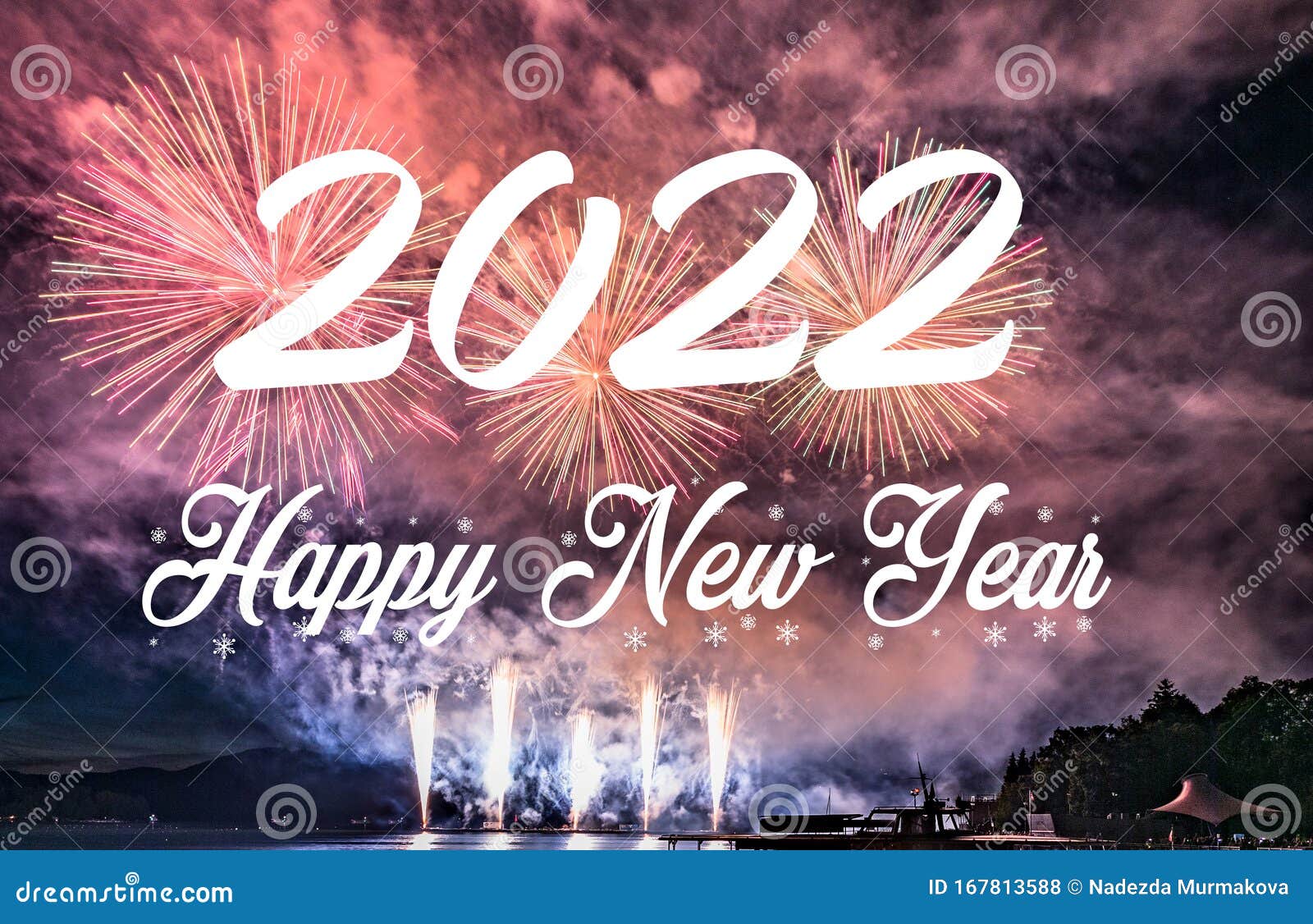  Happy  New  Year  2022  With Fireworks Background Stock Photo 