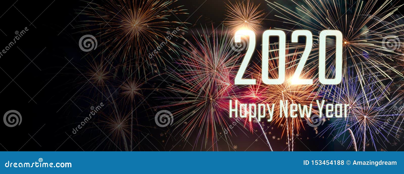 happy new year 2020 with fireworks on dark background.