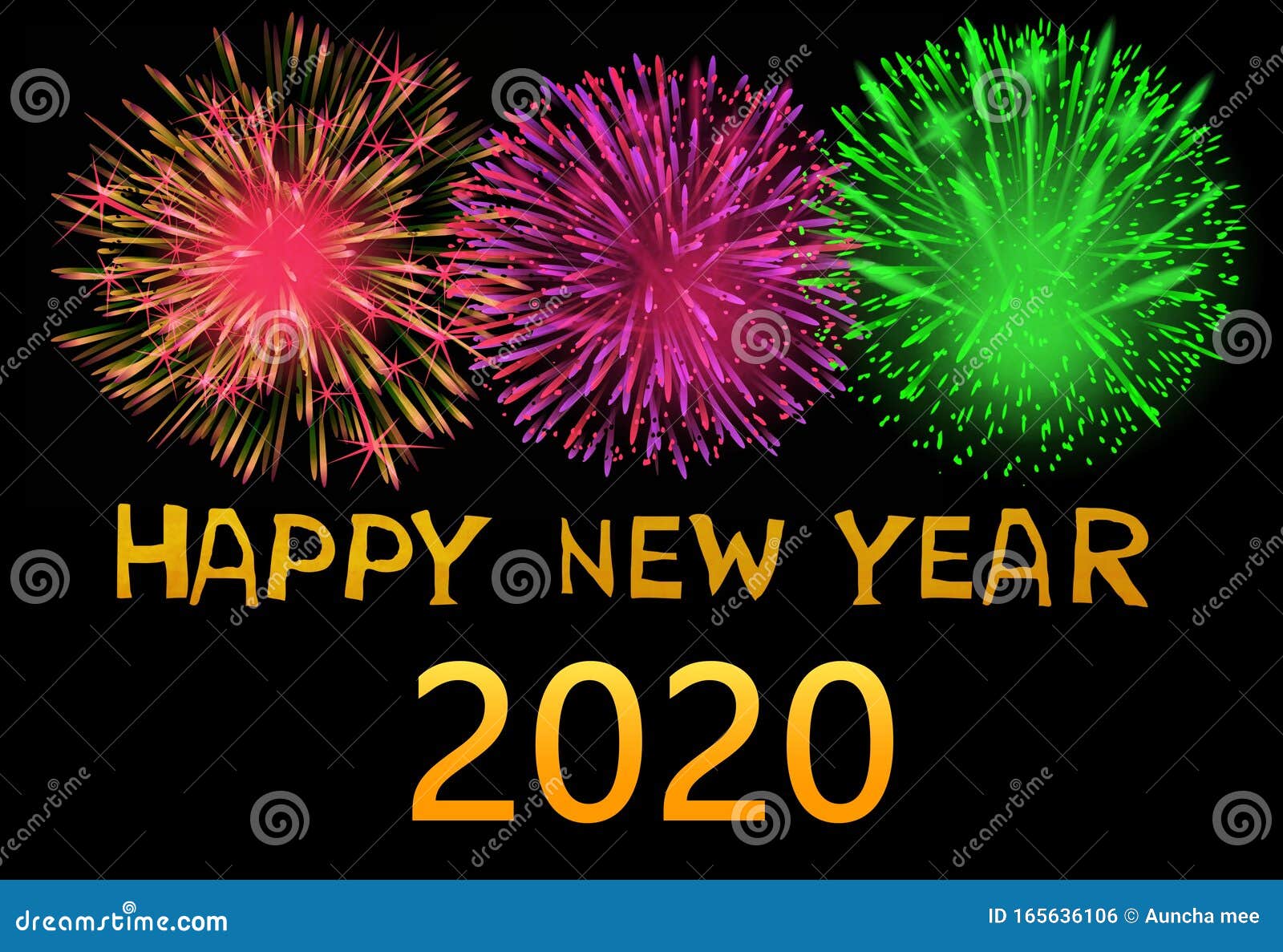 Happy New Year 2020 With Fireworks On Dark Background Stock