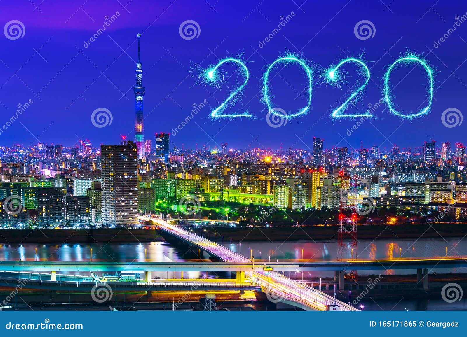 2020 Happy New Year Fireworks Over Tokyo Cityscape at Night, Japan