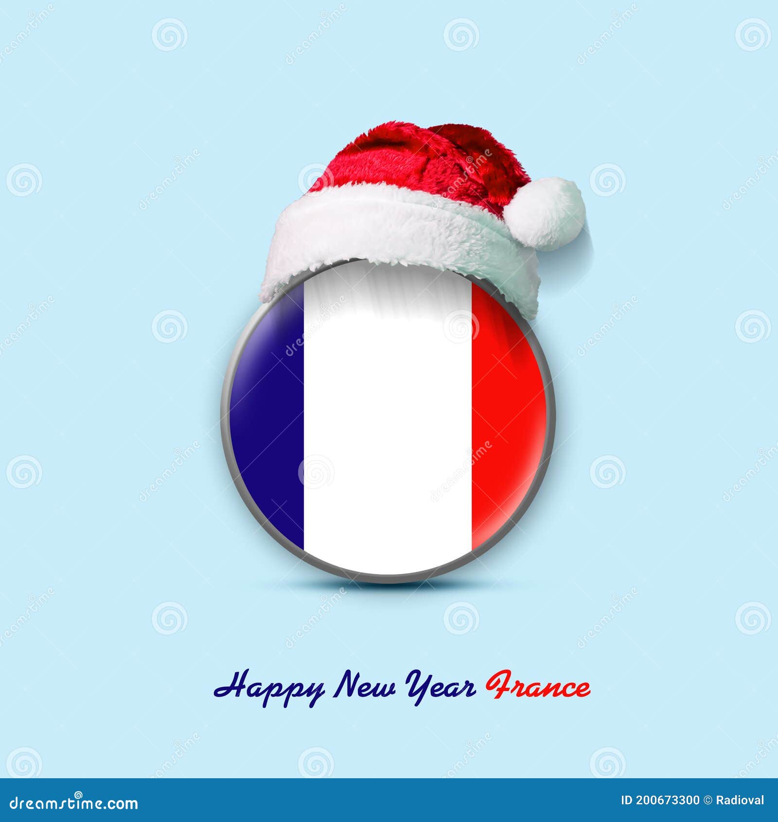 happy new year, france. france flag in round badge and santa hat.  on a light blue background.  