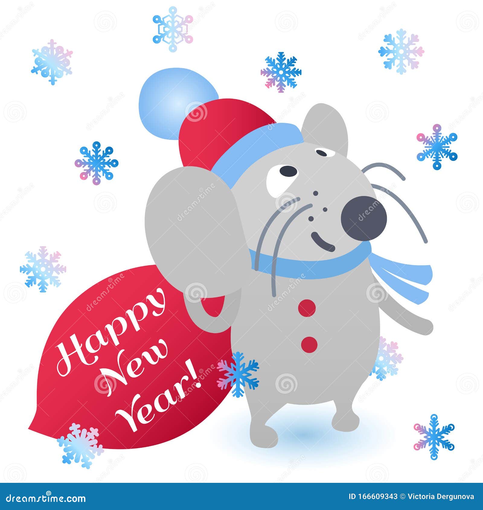 Happy New Year Gift Card With Cute Grey Rat Stock Vector