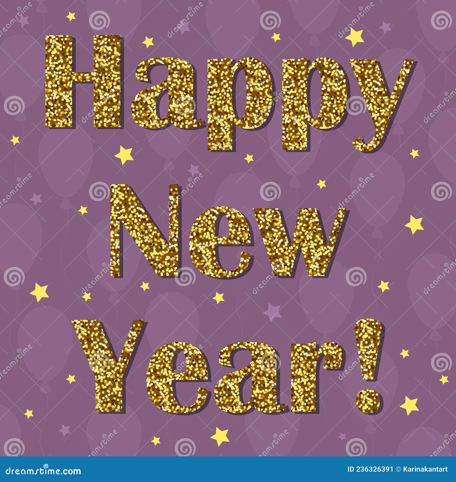 Happy New Year Golden Glitter Lettering Isolated on Purple. Festive