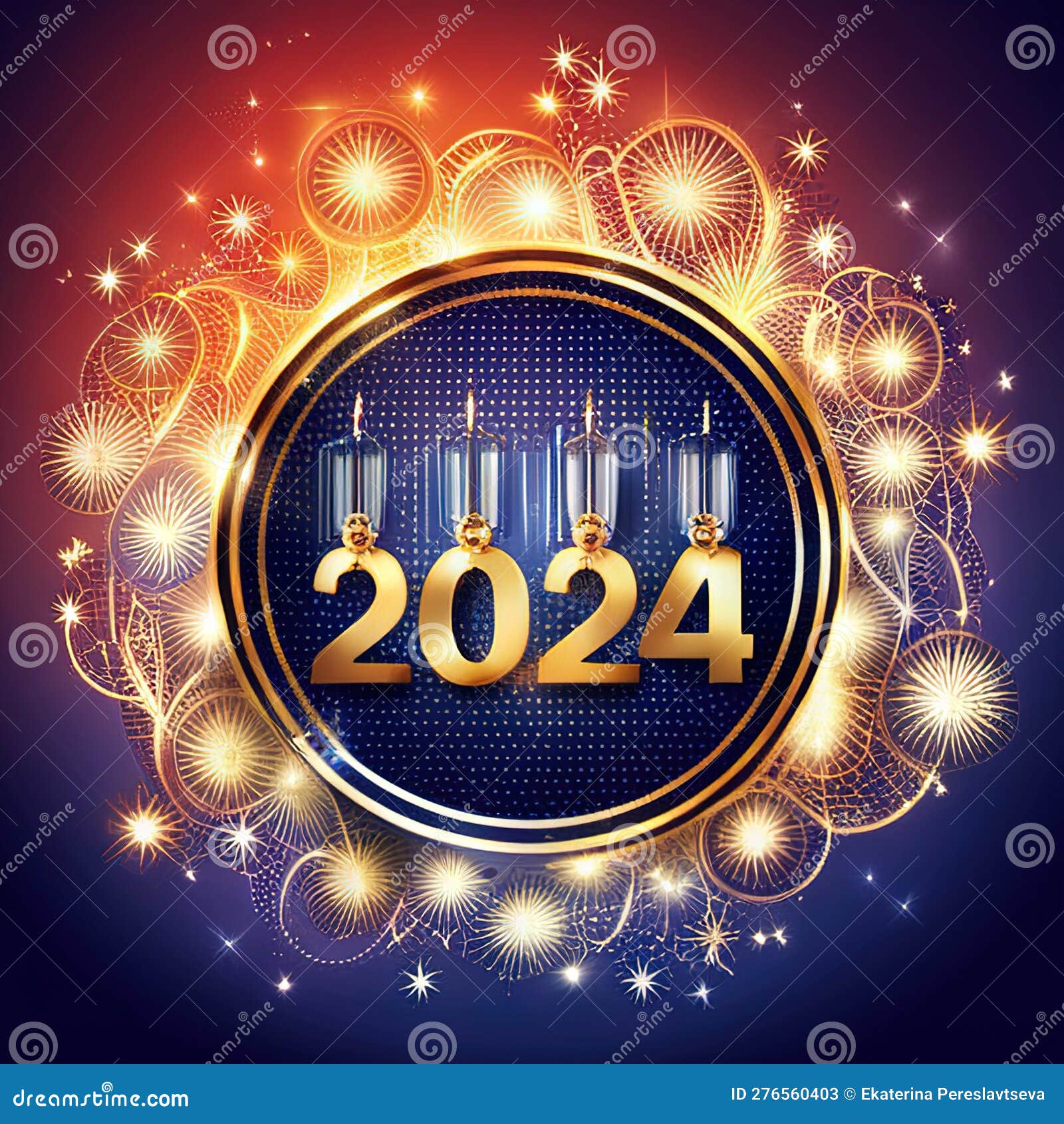 Happy New Year 2024. Golden Numbers on a Colorful Background with