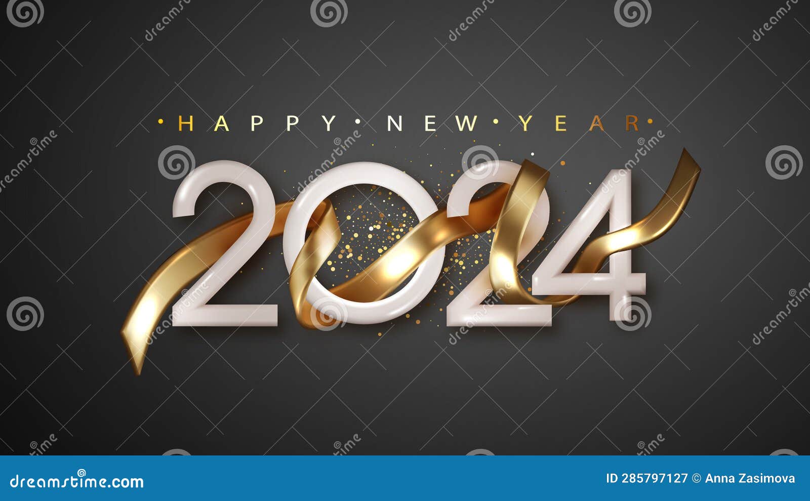 happy new year 2024 with golden realistic ribbon on black background.  realistic holiday  for