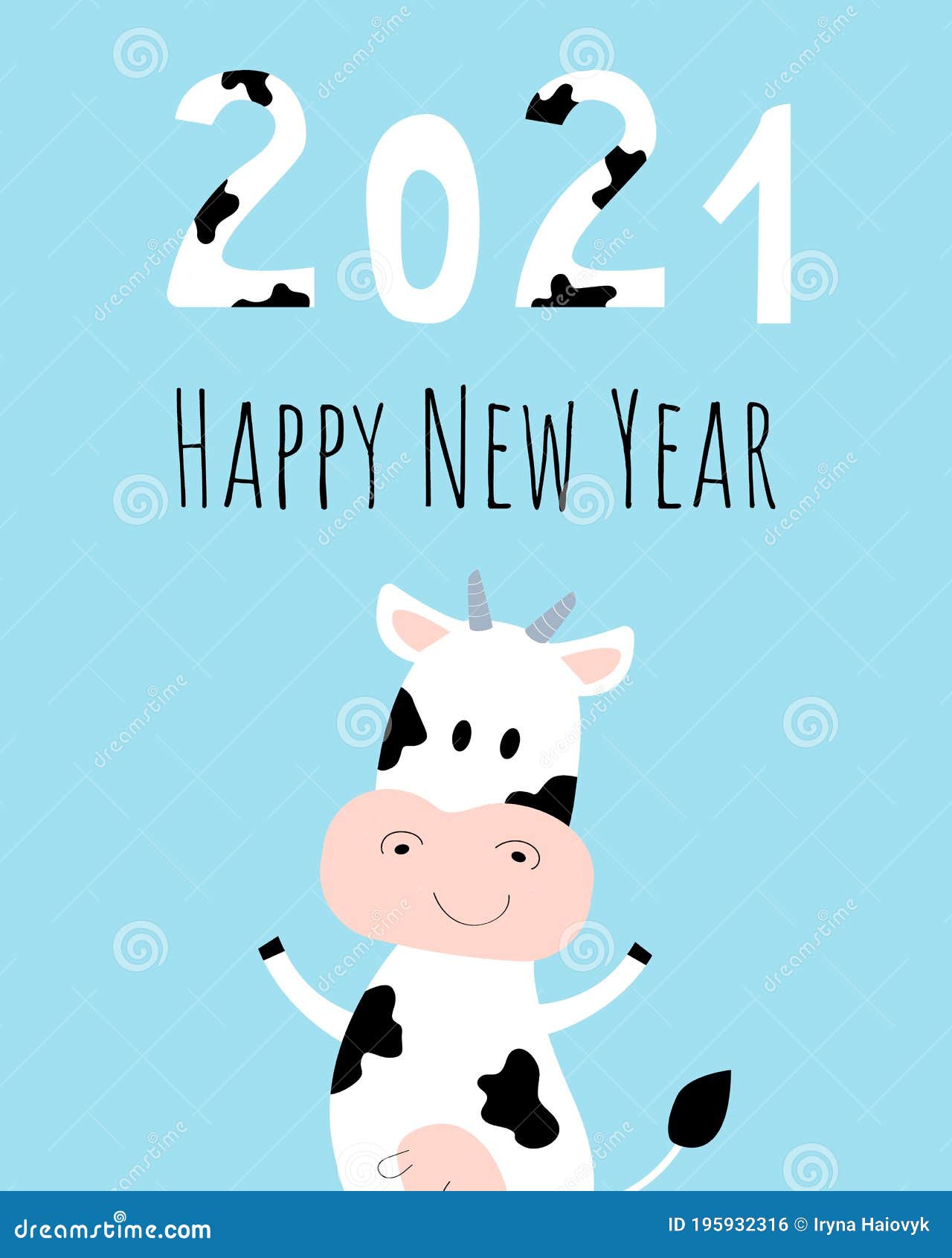 Happy New Year 2021 Greeting Card With Cow Cute Cow Character. Vector ...