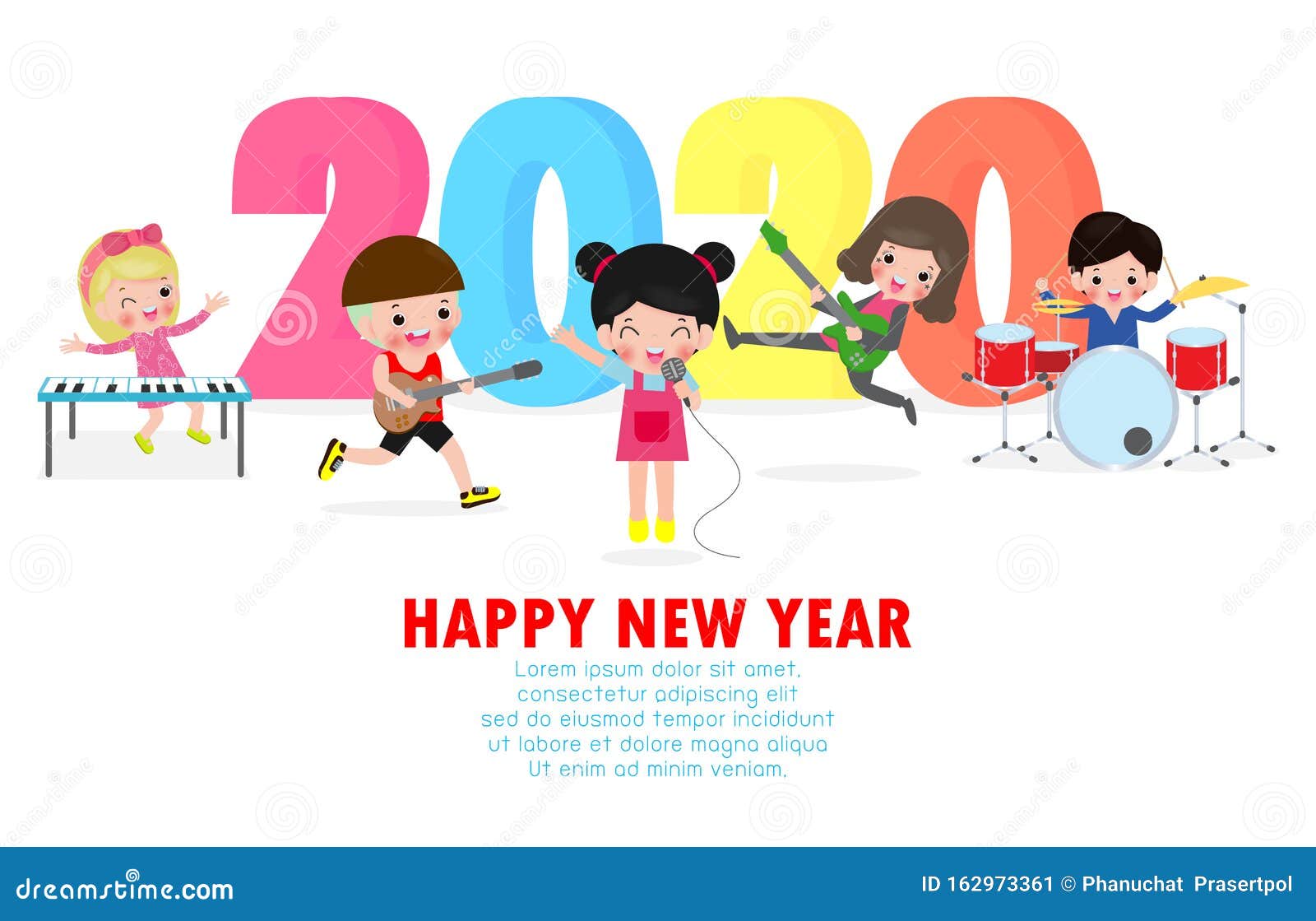 Happy New Year 2020 Greeting Card with Cute Children Play Musical ...