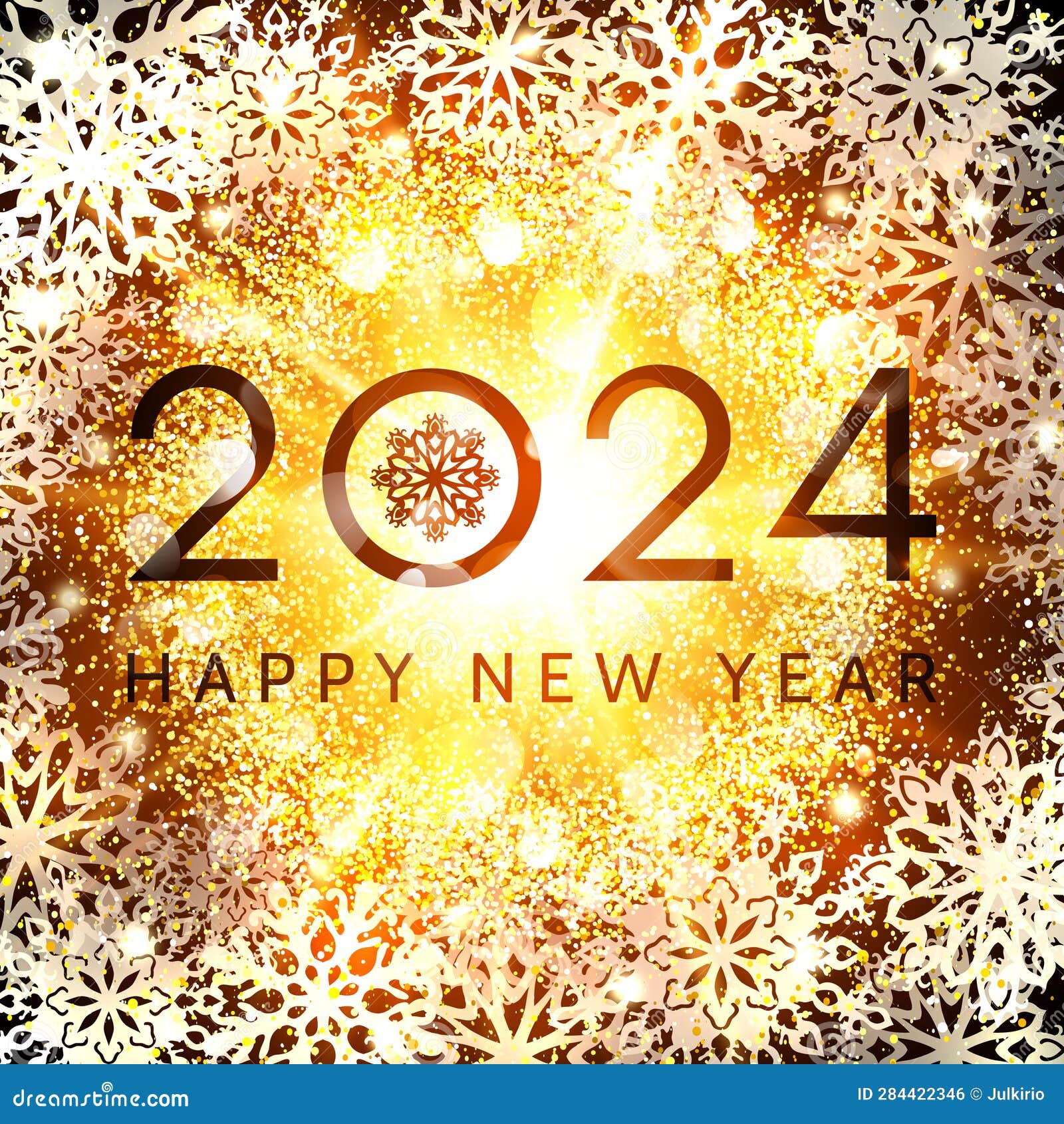 happy new year 2024 greeting card  on glowing abstract background with glittering confetti s and snowflakes