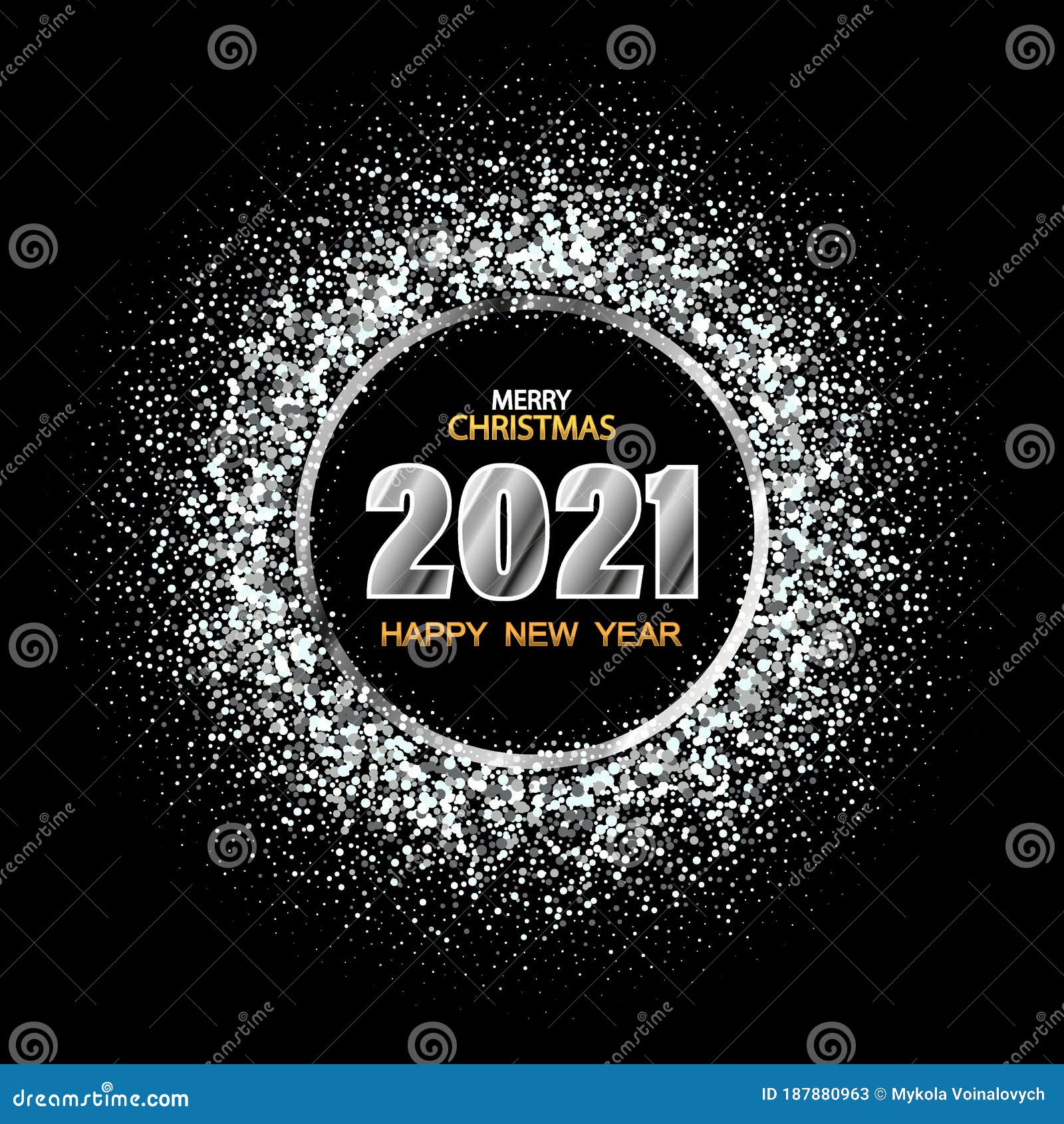 Happy New Year 2021 Greeting Card with Silver Numbers and Confetti Frame on  Black Background. Vector Illustration. Merry Stock Vector - Illustration of  banner, 2021: 187880963