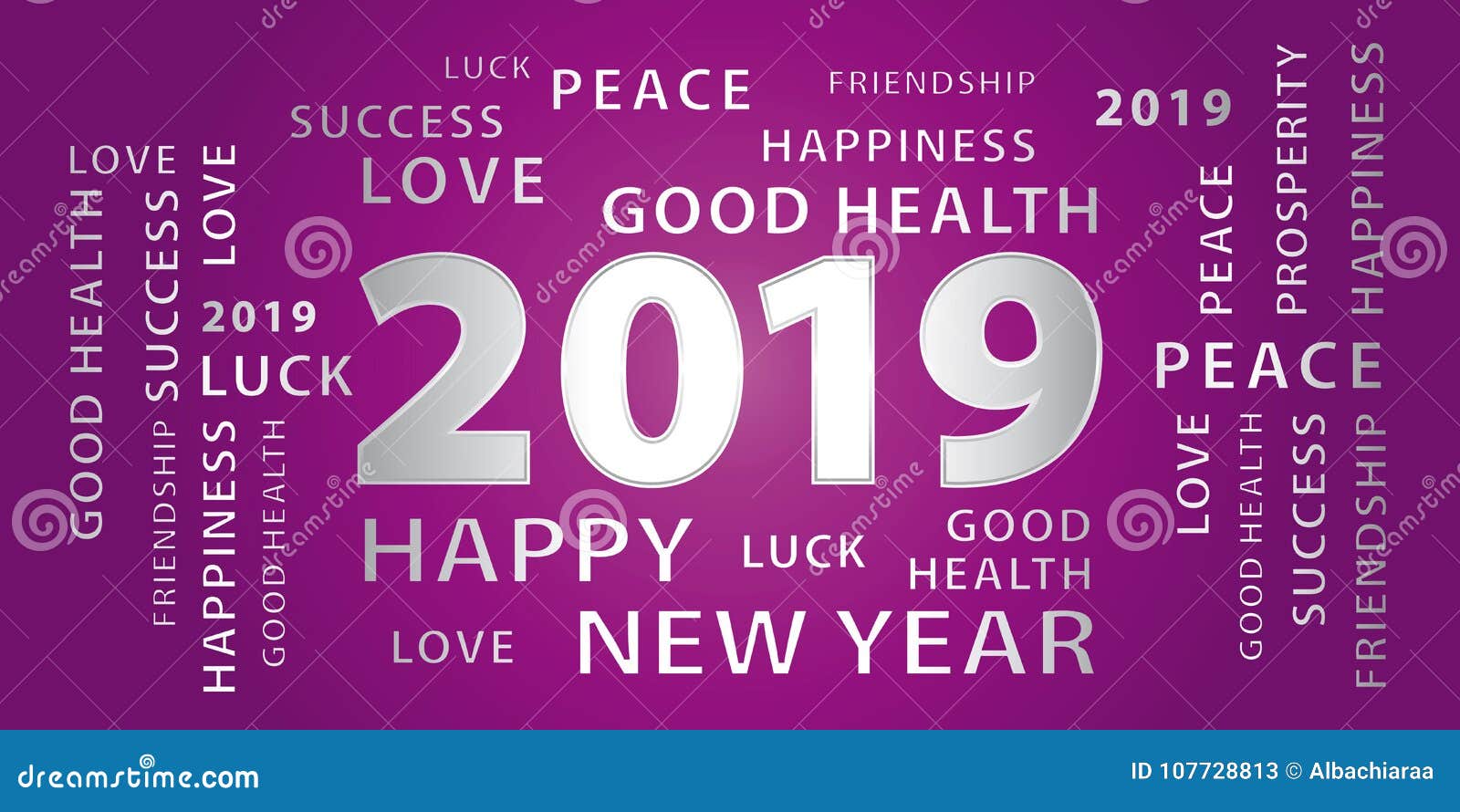 2019 Happy New Year Greetings Vector Banner. Purple and Silver. Stock