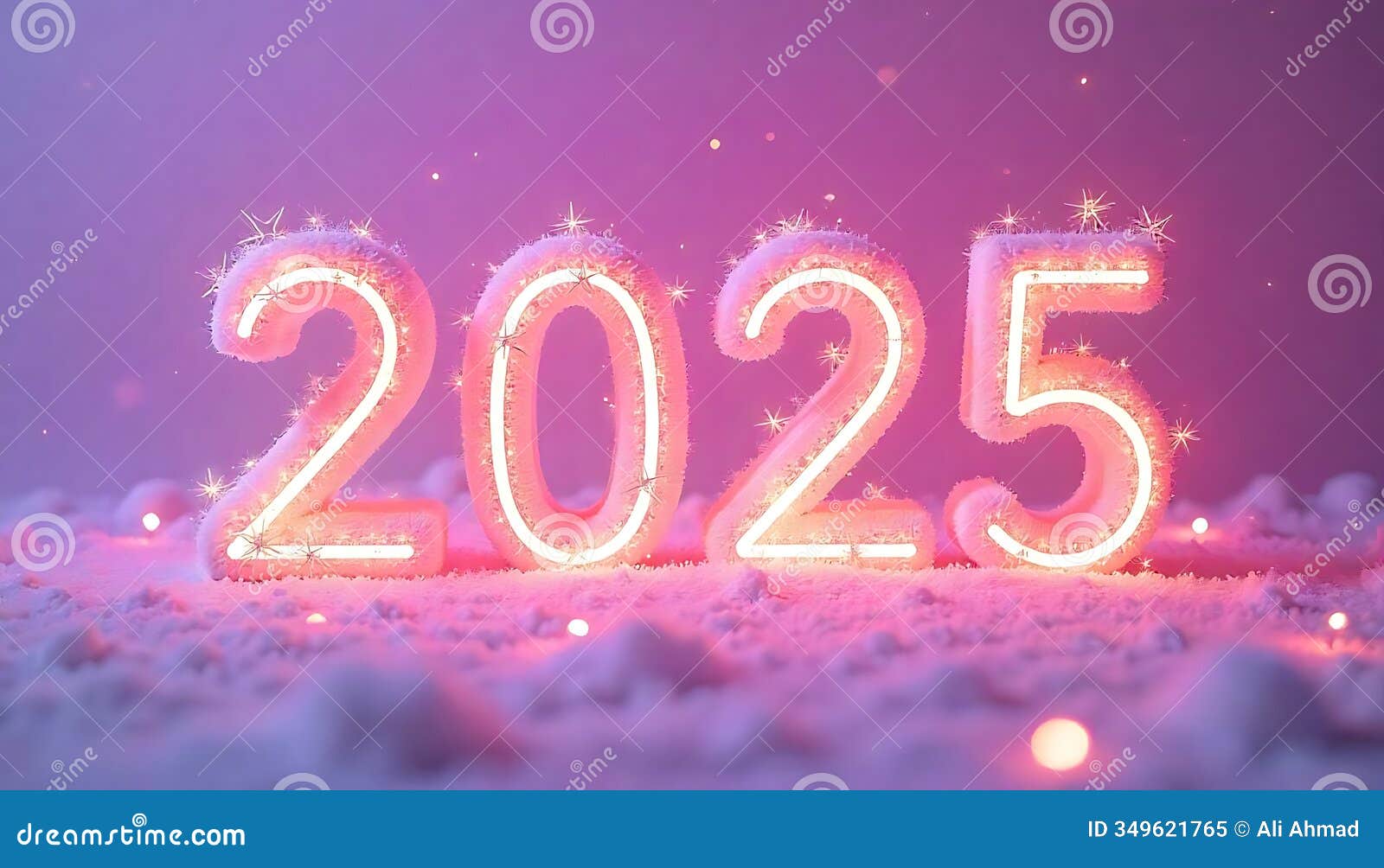 2025 happy new year text  with sparkling stars and icicles, soft pastel lavender background.